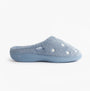 Totes Isotoner POPCORN TERRY Womens Mule Slippers Iris Blue Star side view with star pattern and soft blue fabric.