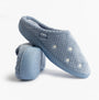 Totes Isotoner POPCORN TERRY Womens Mule Slippers Iris Blue Star side view showcasing soft texture and star design.