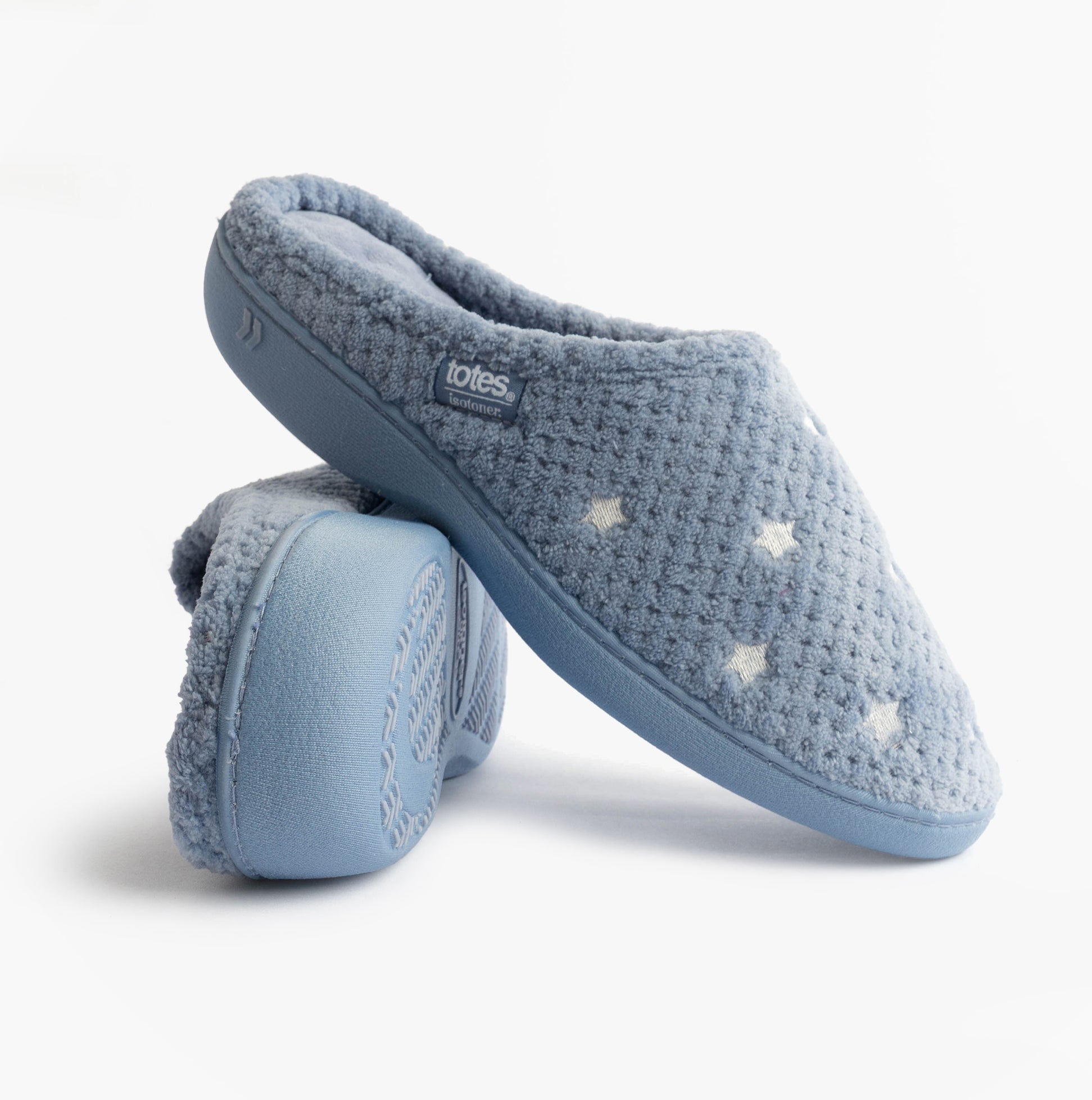 Totes Isotoner POPCORN TERRY Womens Mule Slippers Iris Blue Star side view showcasing soft texture and star design.