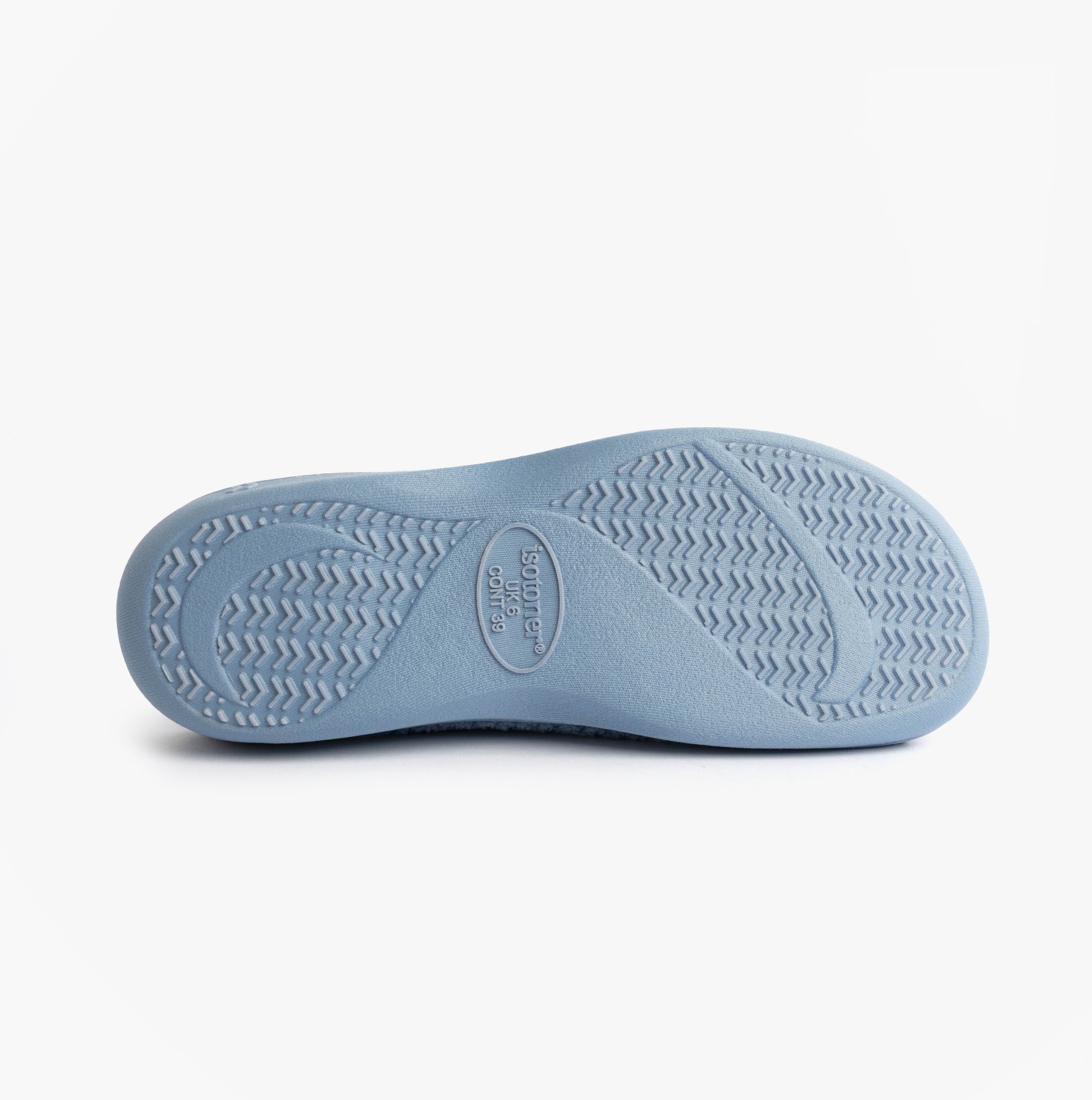 Bottom view of Totes Isotoner POPCORN TERRY Womens Mule Slippers Iris Blue Star with flat TPR sole.