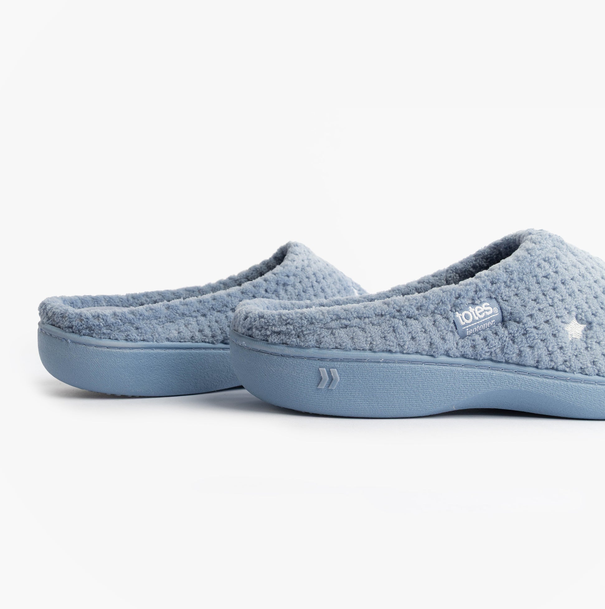 Totes Isotoner POPCORN TERRY Womens Mule Slippers Iris Blue Star side view showing soft terry upper and slip-on design.