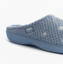 Totes Isotoner POPCORN TERRY Womens Mule Slippers Iris Blue Star side view showing soft texture and logo detail.