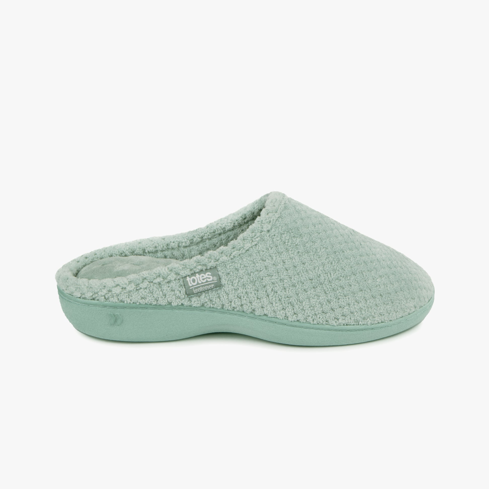 Totes Isotoner POPCORN TERRY Womens Mule Slippers Mint side view with soft textured material and lightweight sole.