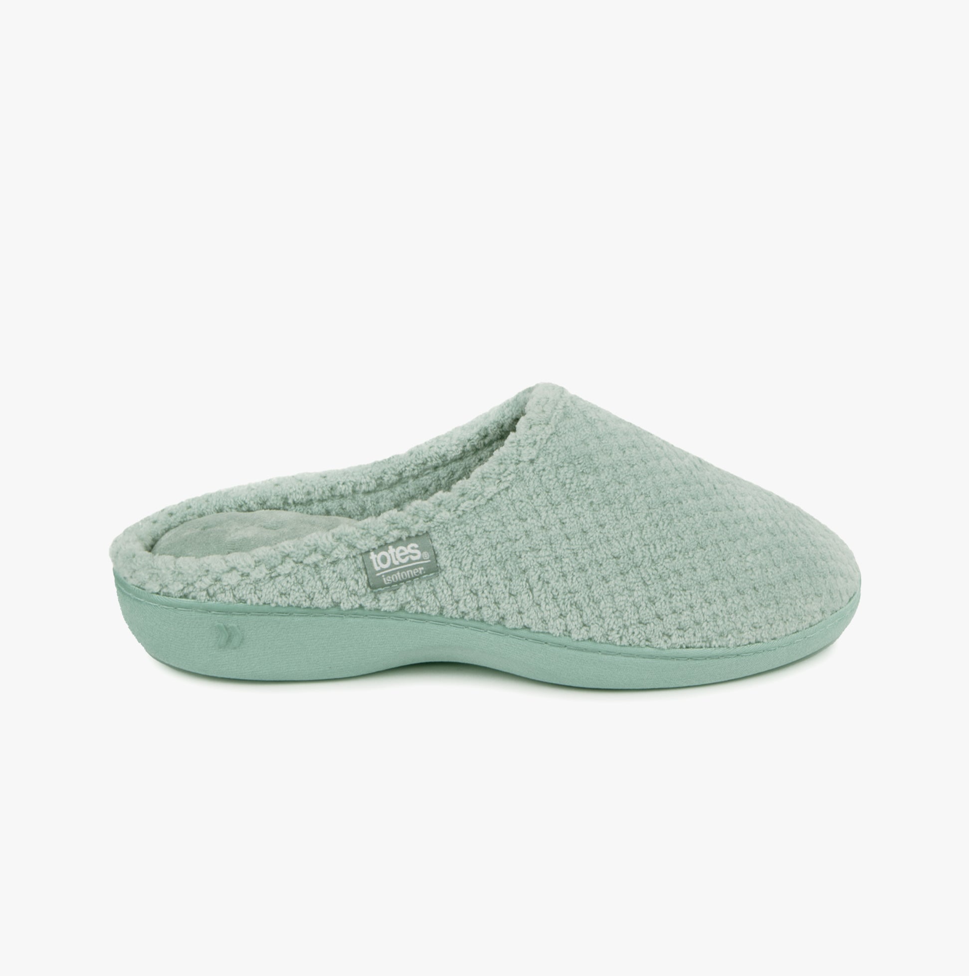 Totes Isotoner POPCORN TERRY Womens Mule Slippers Mint side view with soft textured material and lightweight sole.