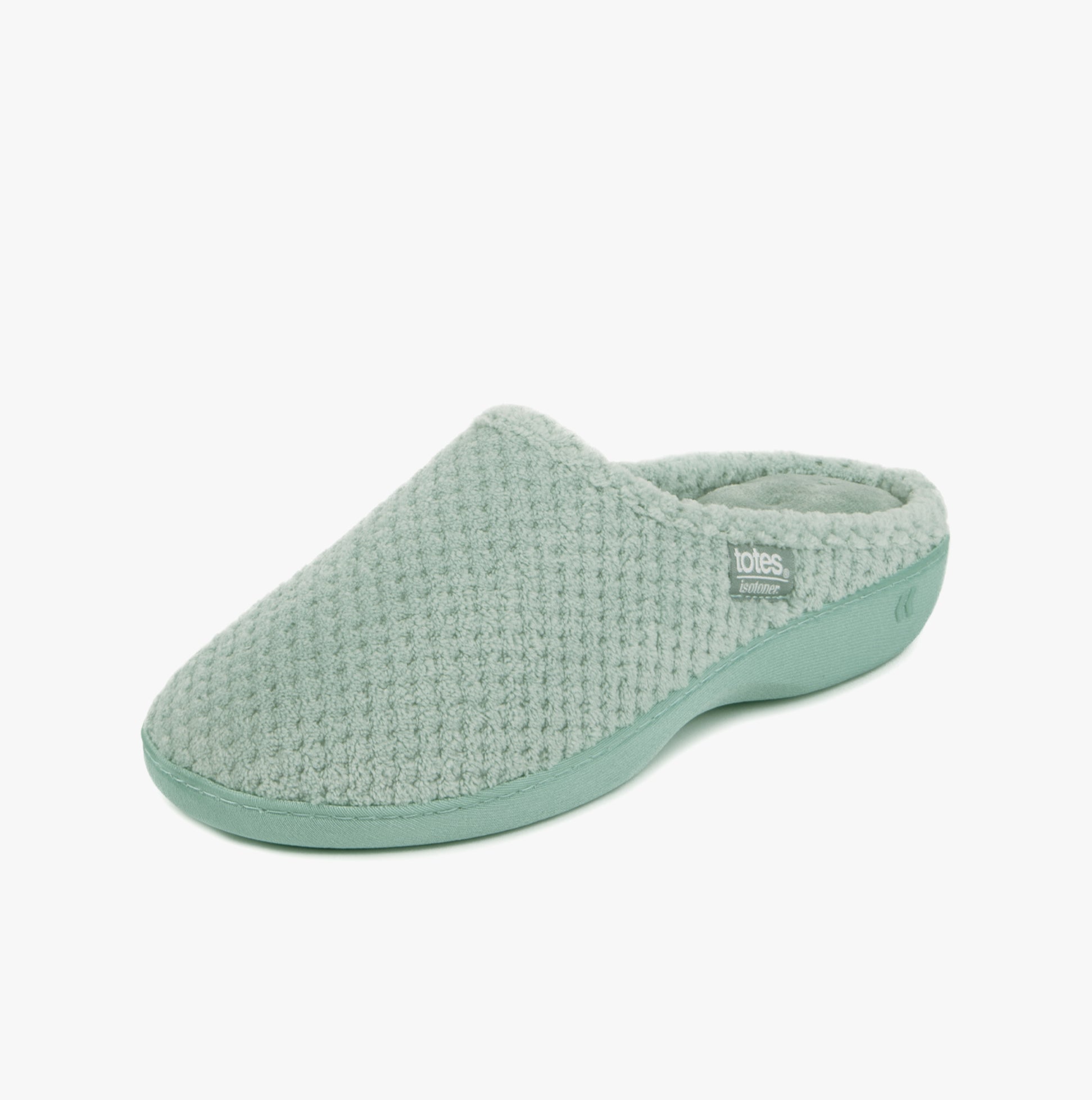 Totes Isotoner POPCORN TERRY Womens Mule Slippers Mint side view showing soft texture and slip-on design.