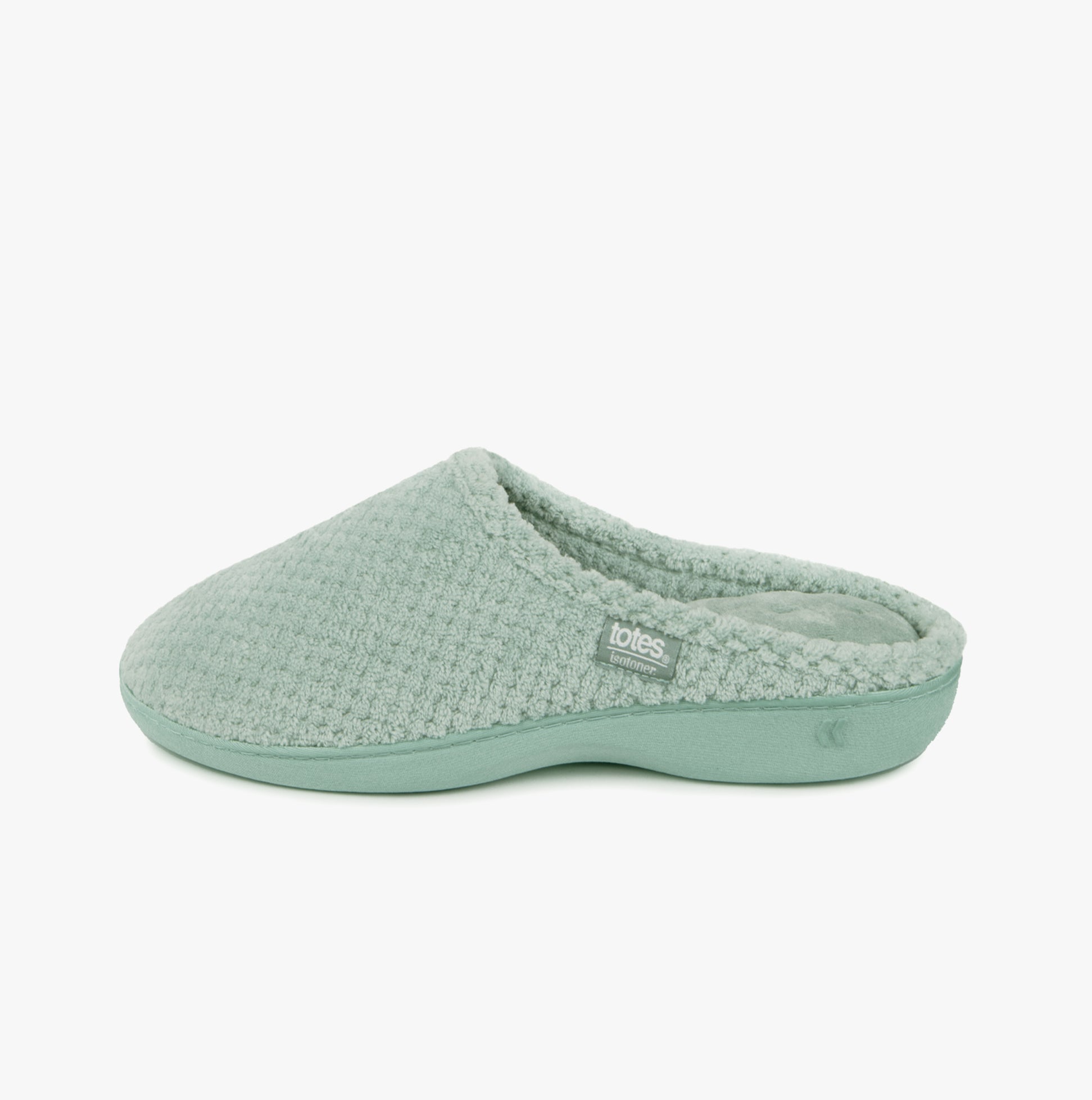 Totes Isotoner POPCORN TERRY Womens Mule Slippers Mint side view showing soft texture and comfortable slip-on design.