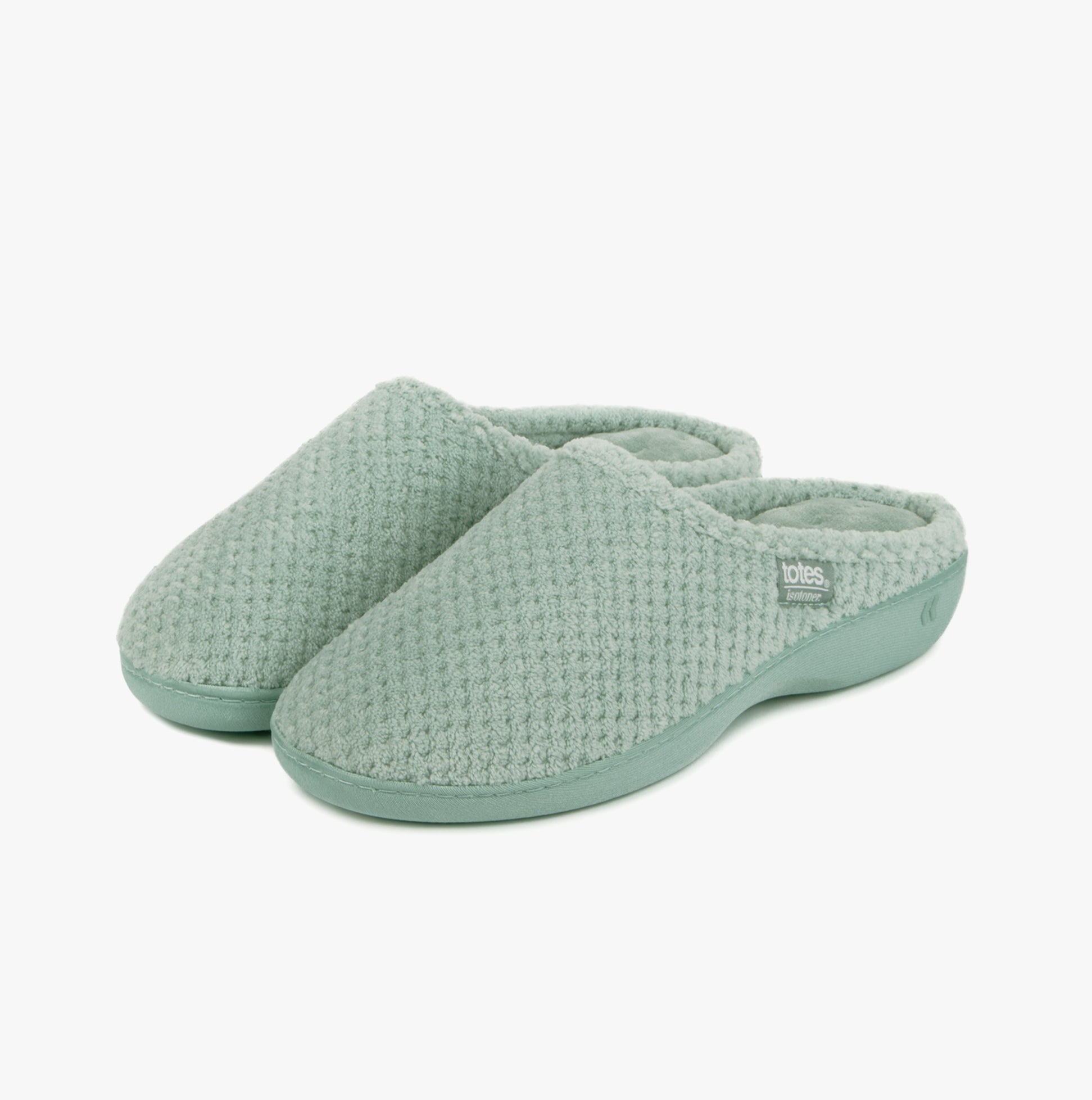 Totes Isotoner POPCORN TERRY Womens Mule Slippers Mint, side view showing soft texture and round toe design.