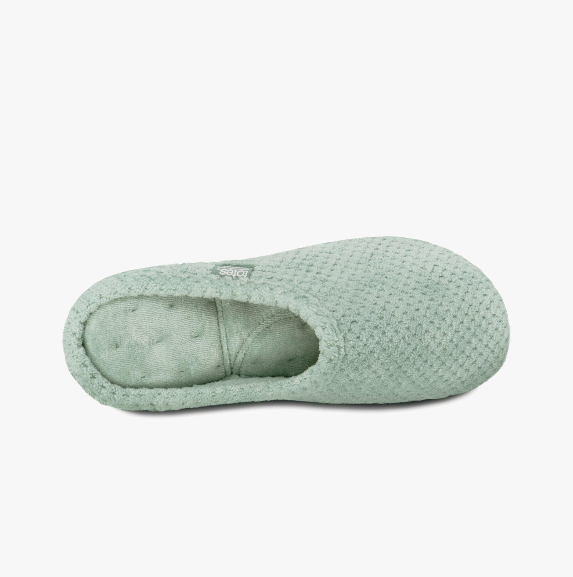Totes Isotoner POPCORN TERRY Womens Mule Slippers Mint top view showing soft texture and slip-on design.