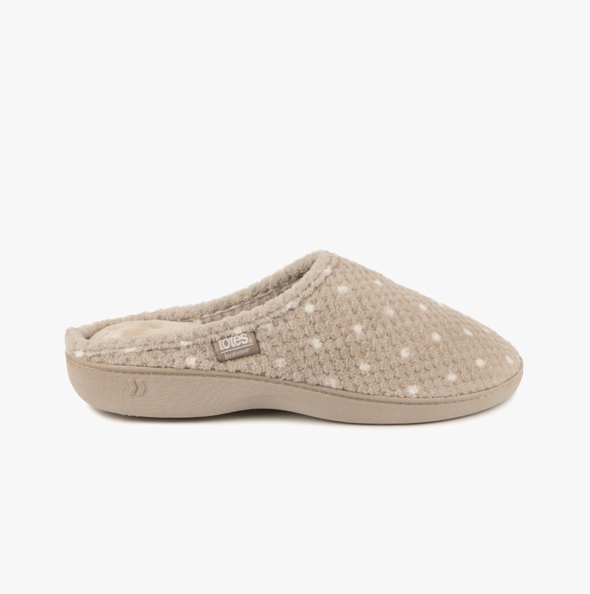 Totes Isotoner POPCORN TERRY Womens Mule Slippers Natural Spot side view showcasing soft polyester upper.