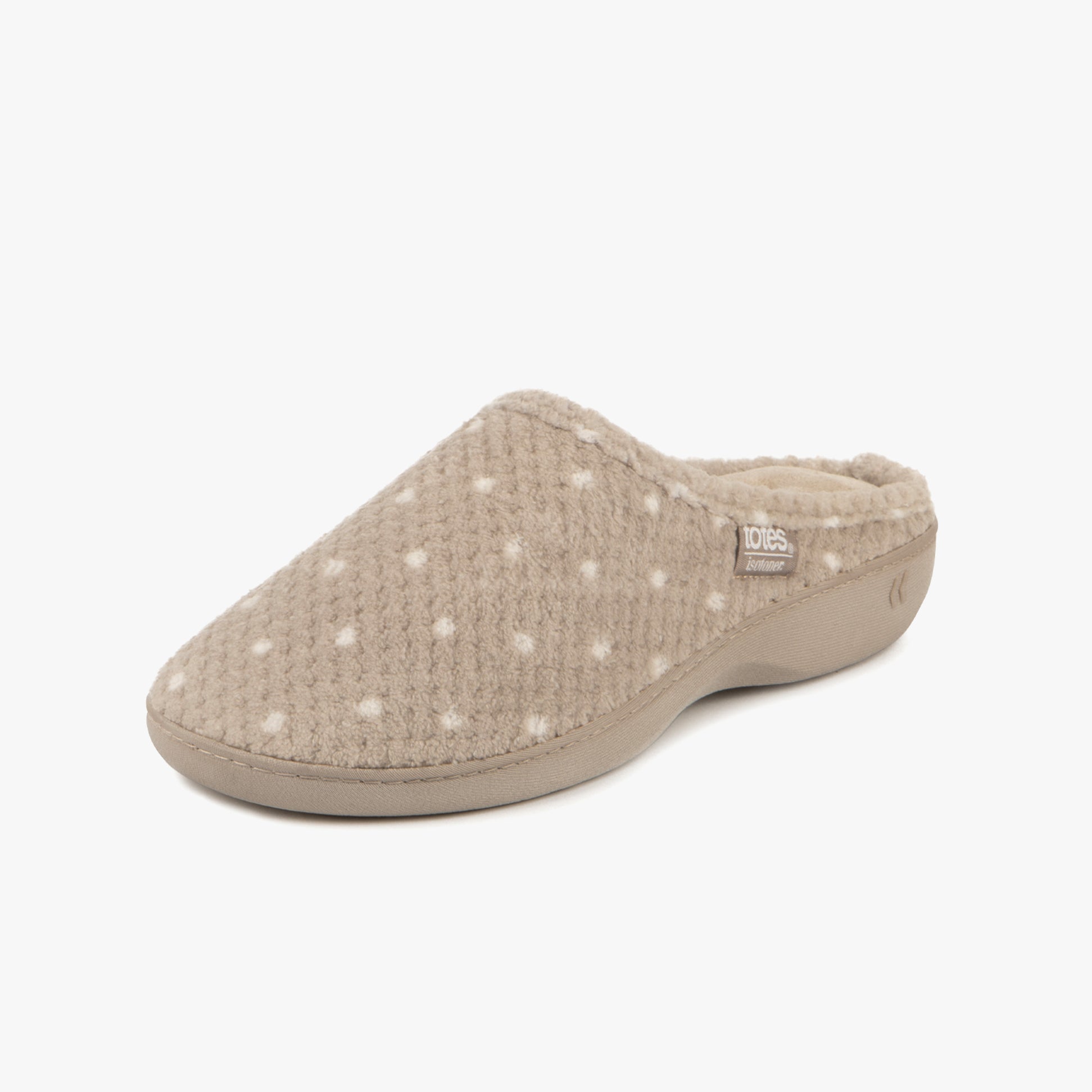 Totes Isotoner POPCORN TERRY Womens Mule Slippers Natural Spot side view showing soft polka dot design and slip-on style.