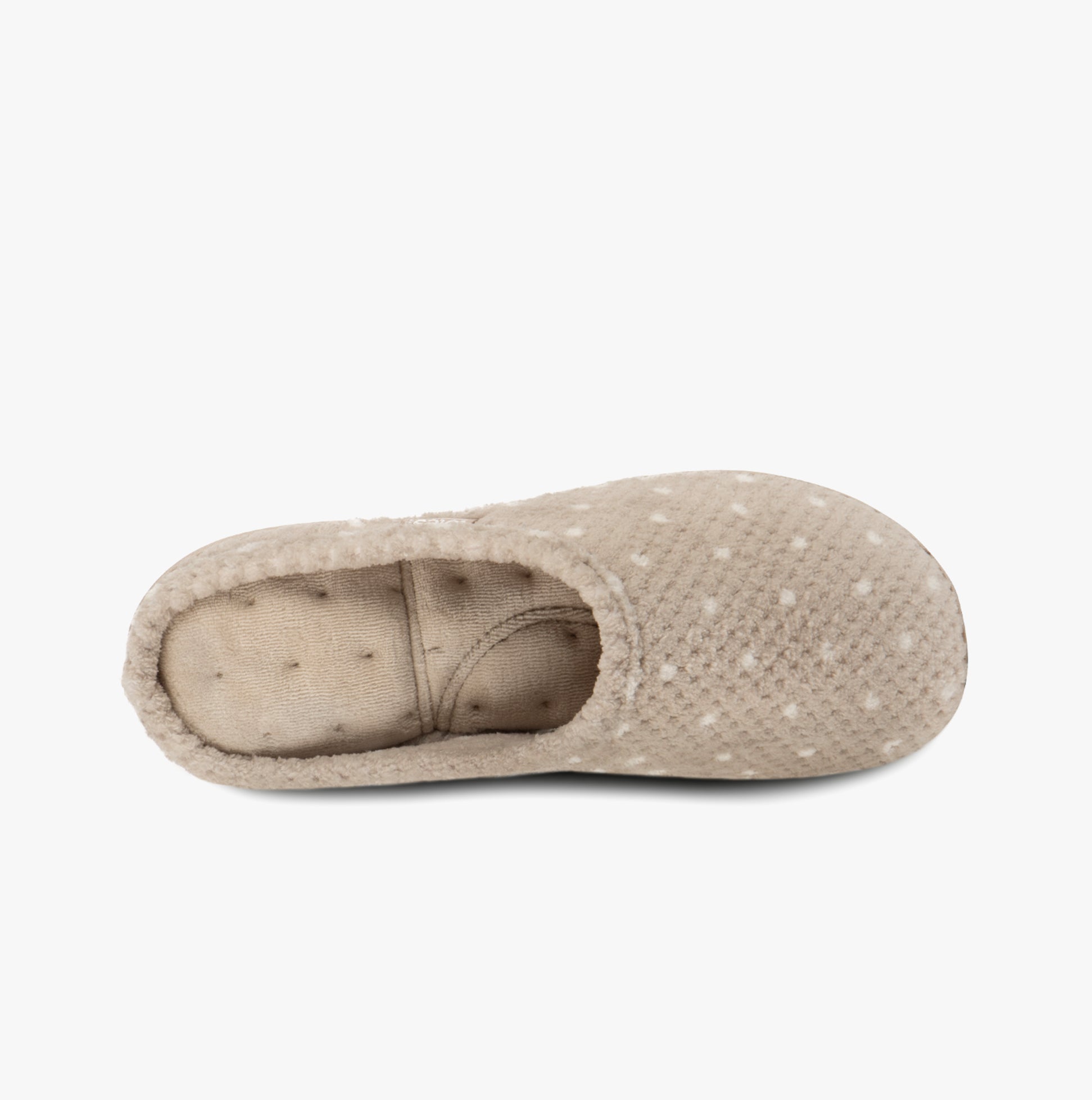 Totes Isotoner POPCORN TERRY Womens Mule Slippers Natural Spot top view showcasing soft fabric and round toe design.