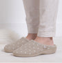 Totes Isotoner POPCORN TERRY Womens Mule Slippers Natural Spot side view showcasing cozy fabric and slip-on design.