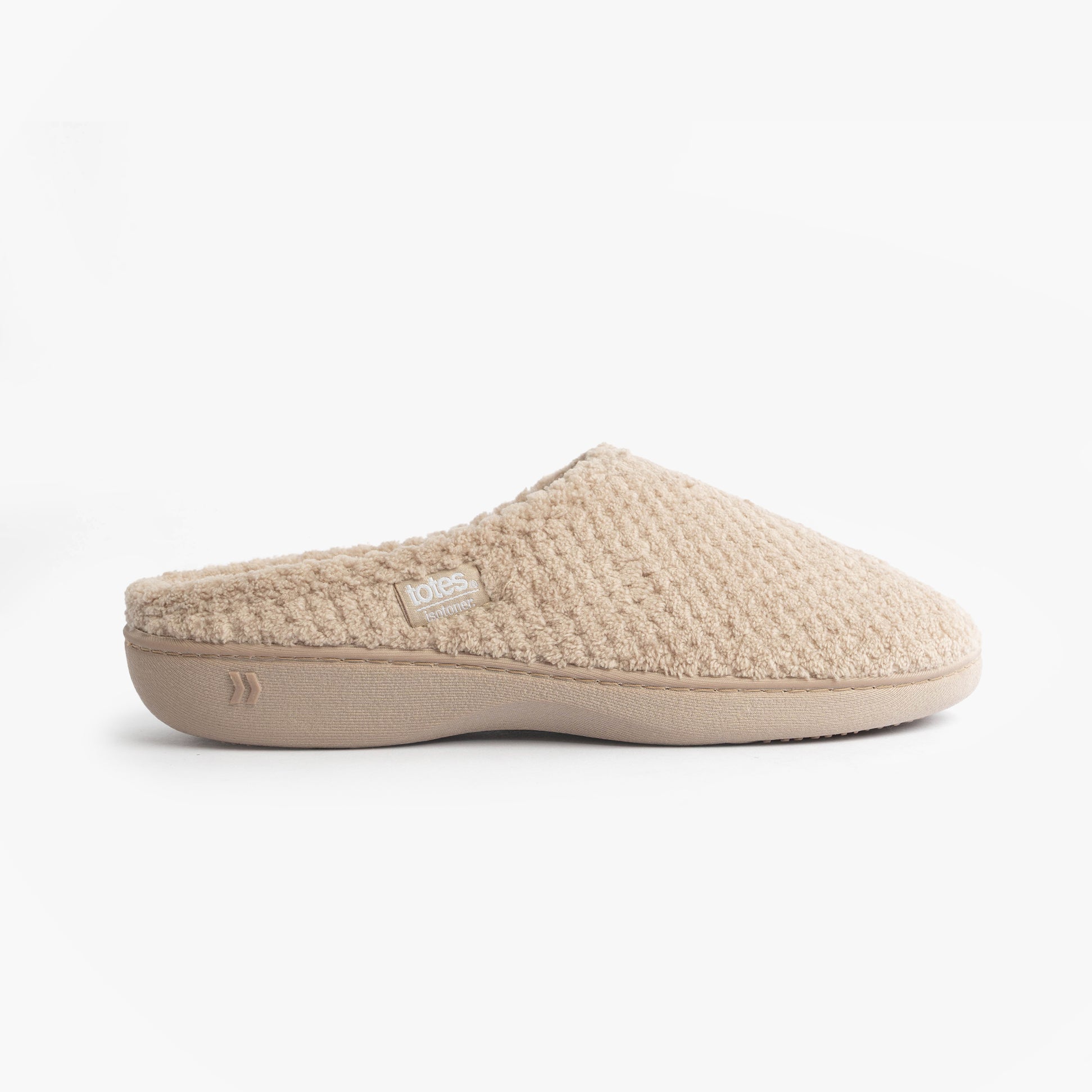 Totes Isotoner POPCORN TERRY Womens Mule Slippers Oat side view showing plush texture and slip-on design.