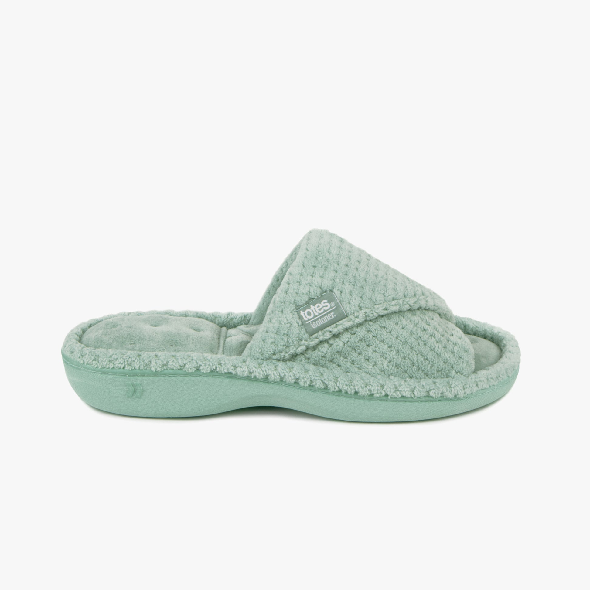 Totes Isotoner POPCORN TURNOVER OPEN TOE Womens Mule Slippers Mint side view showcasing soft polyester material and slip-on design.