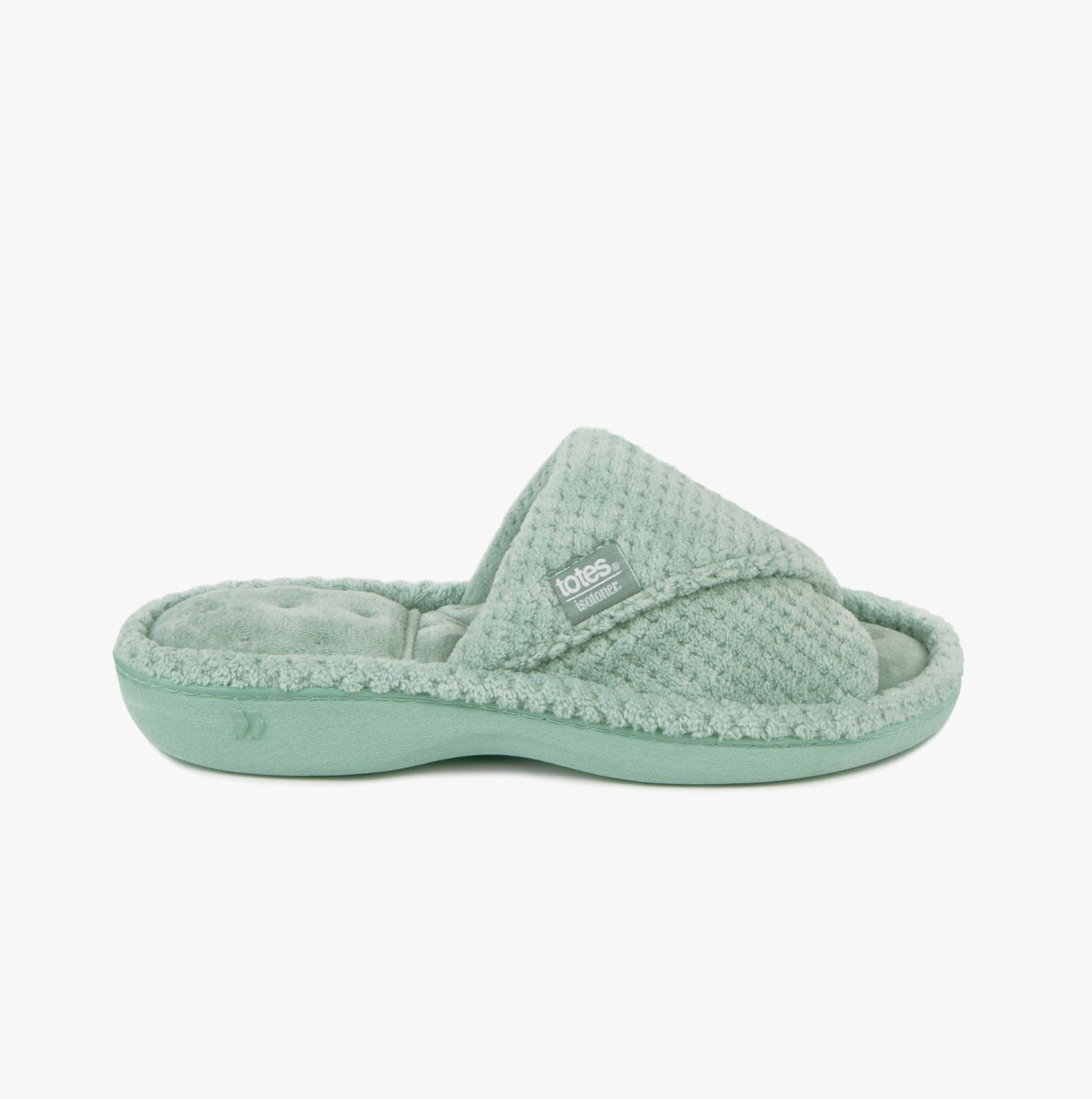 Totes Isotoner POPCORN TURNOVER OPEN TOE Womens Mule Slippers Mint side view showcasing soft polyester material and slip-on design.