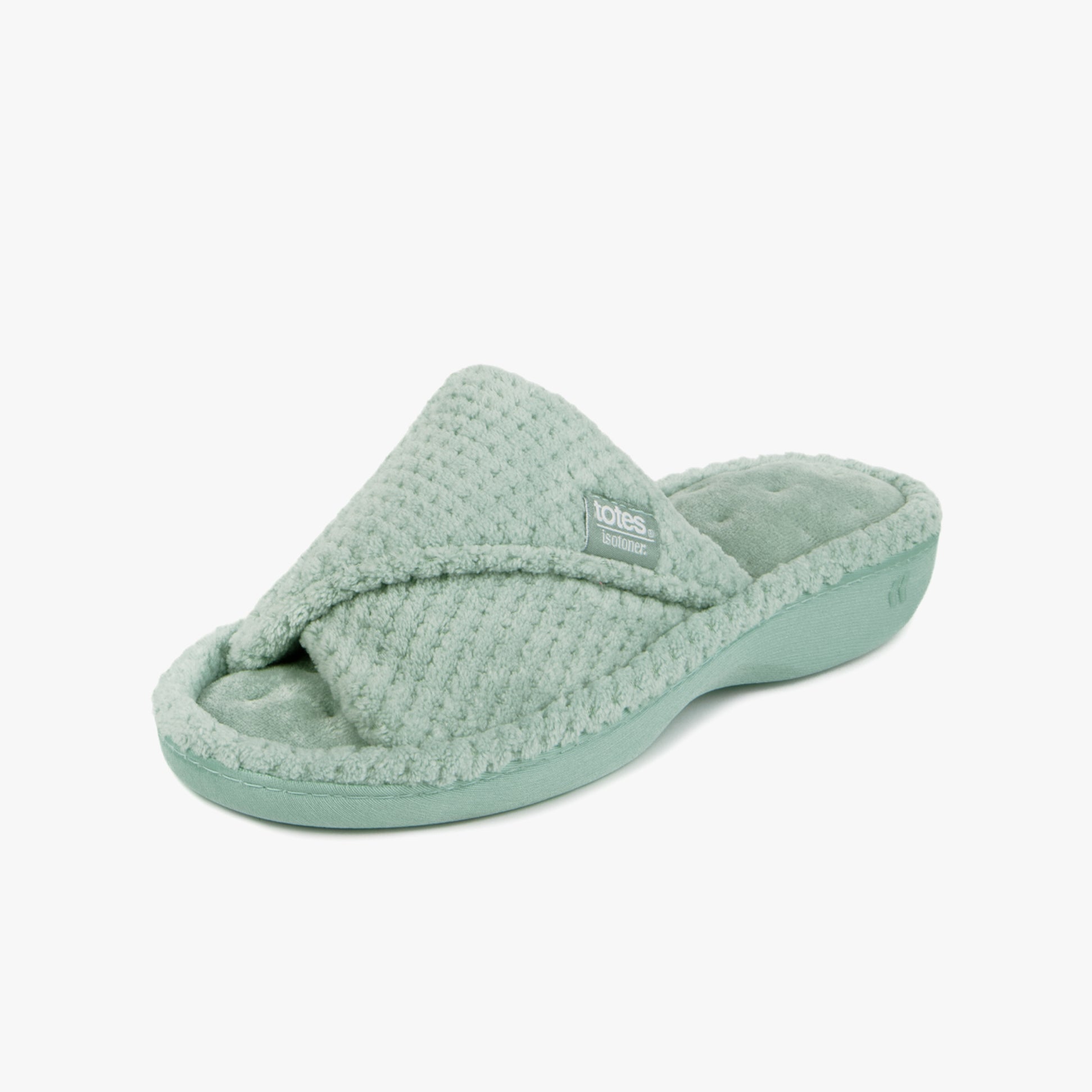Totes Isotoner POPCORN TURNOVER OPEN TOE Womens Mule Slippers Mint, side view showcasing plush slip-on design.
