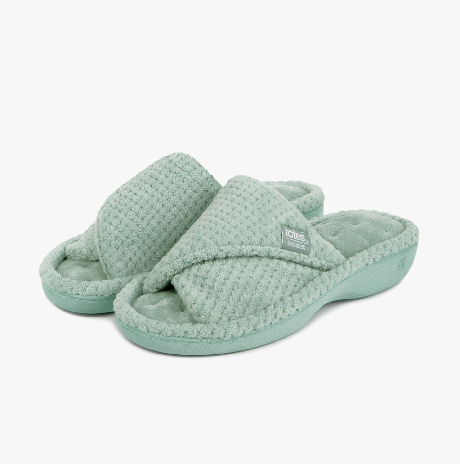 Totes Isotoner POPCORN TURNOVER OPEN TOE Womens Mule Slippers Mint side view showing soft polyester upper and comfortable sole.