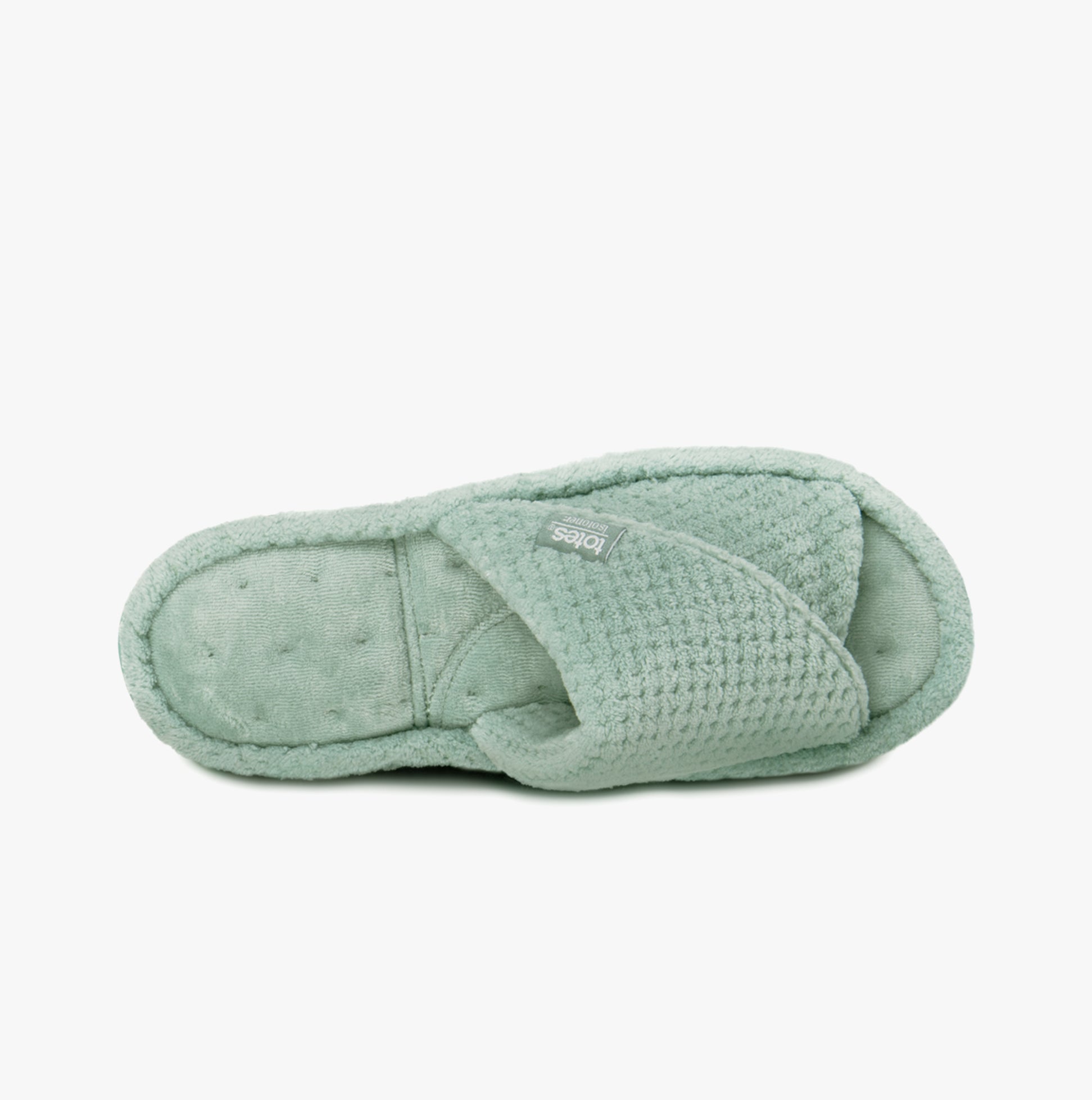 Totes Isotoner POPCORN TURNOVER OPEN TOE Womens Mule Slippers Mint top view showing soft mint fabric and open toe design.