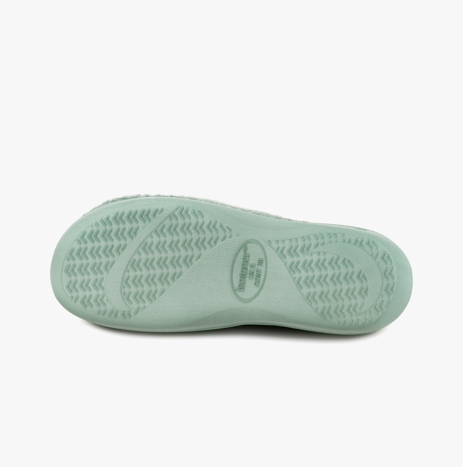 Totes Isotoner POPCORN TURNOVER OPEN TOE Womens Mule Slippers Mint bottom view showing sole design and material.