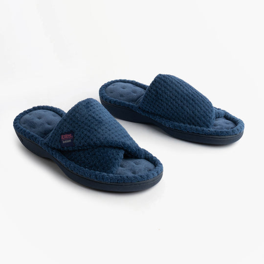 Totes Isotoner POPCORN TURNOVER Womens Open Toe Mule Slippers Navy