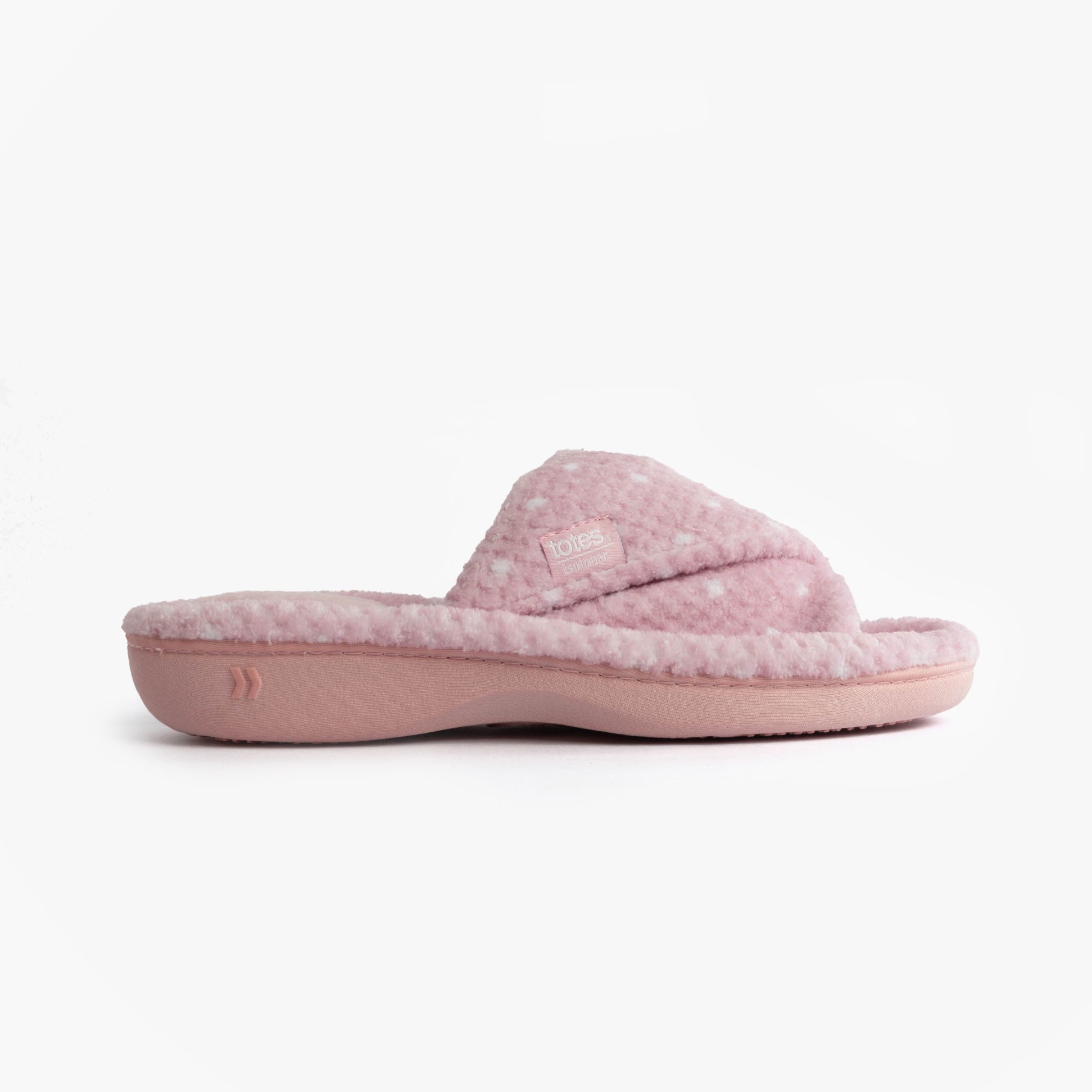 Totes Isotoner POPCORN TURNOVER OPEN TOE Womens Mule Slippers Pink Spot side view showing soft pink design and open toe.