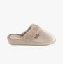 Totes Isotoner SPARKLE VELOUR HEELED MULE Womens Mule Slippers Mink side view with plush fur lining and low heel.