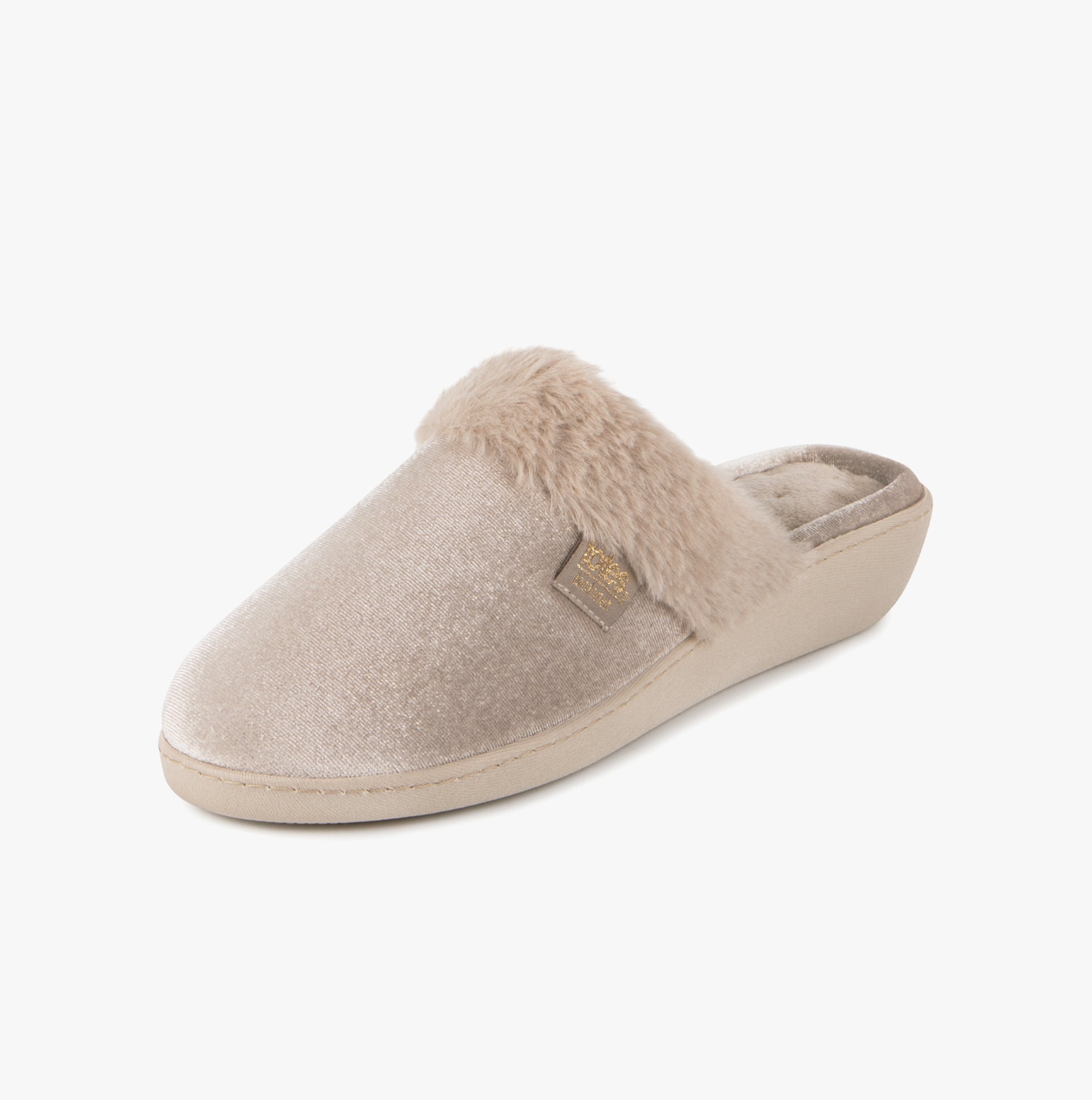 Totes Isotoner SPARKLE VELOUR HEELED MULE Womens Mule Slippers Mink side view of soft, plush heeled mules in light mink color.