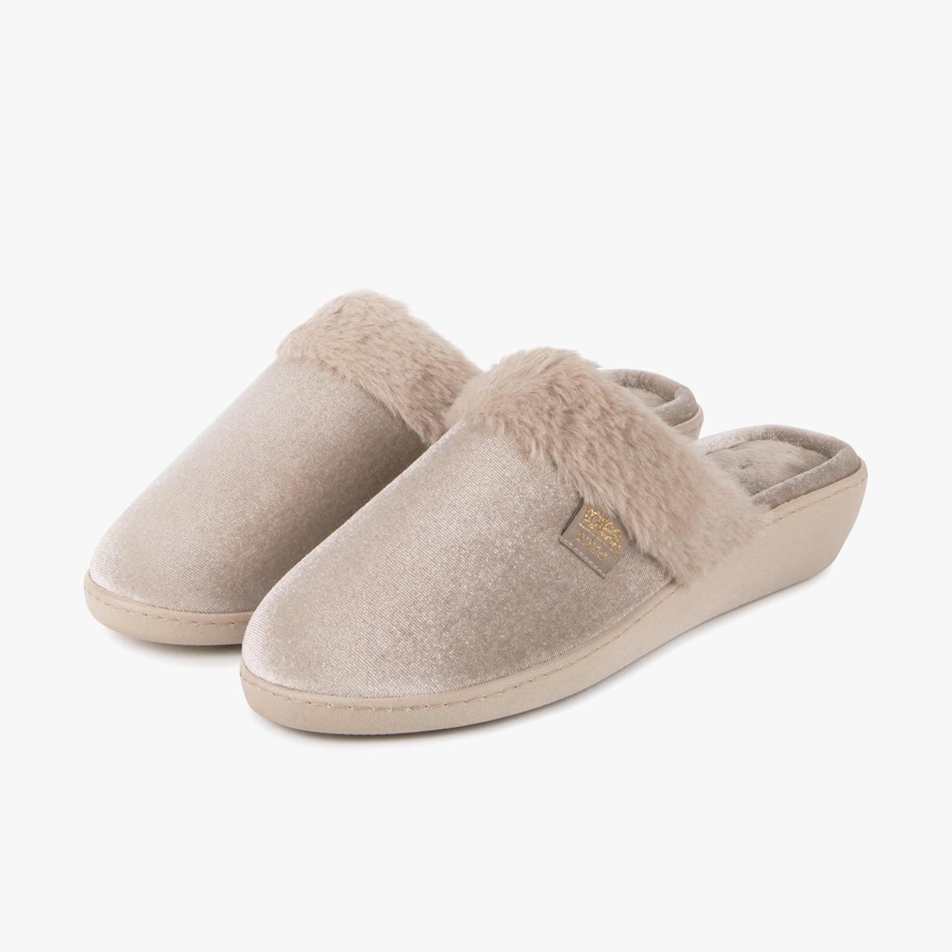 Totes Isotoner SPARKLE VELOUR HEELED MULE Womens Mule Slippers Mink side view showing soft material and plush lining.