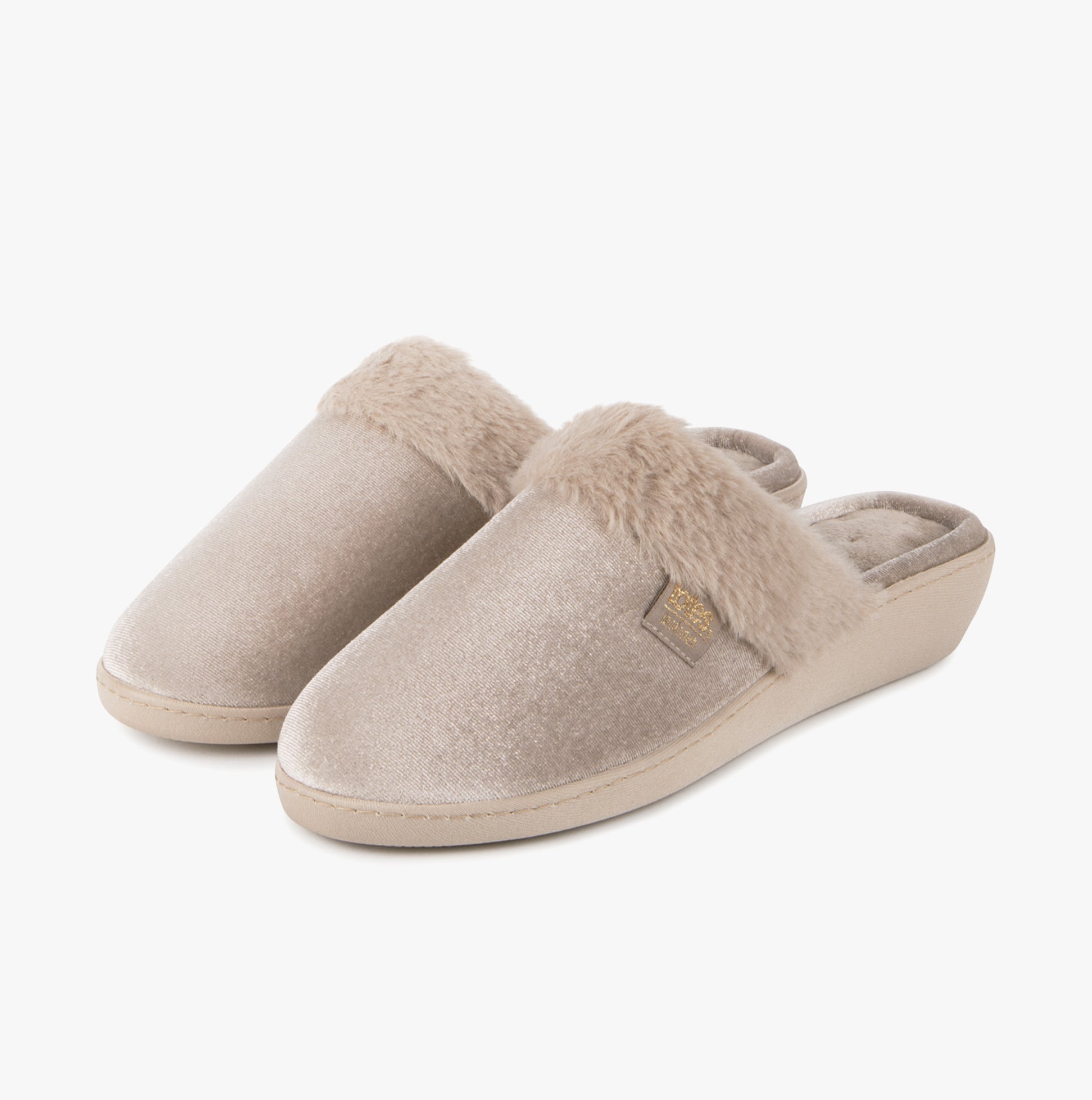 Totes Isotoner SPARKLE VELOUR HEELED MULE Womens Mule Slippers Mink side view showing soft material and plush lining.