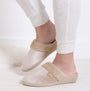 Totes Isotoner SPARKLE VELOUR HEELED MULE Womens Mule Slippers Mink side view on feet with cozy fabric lining.