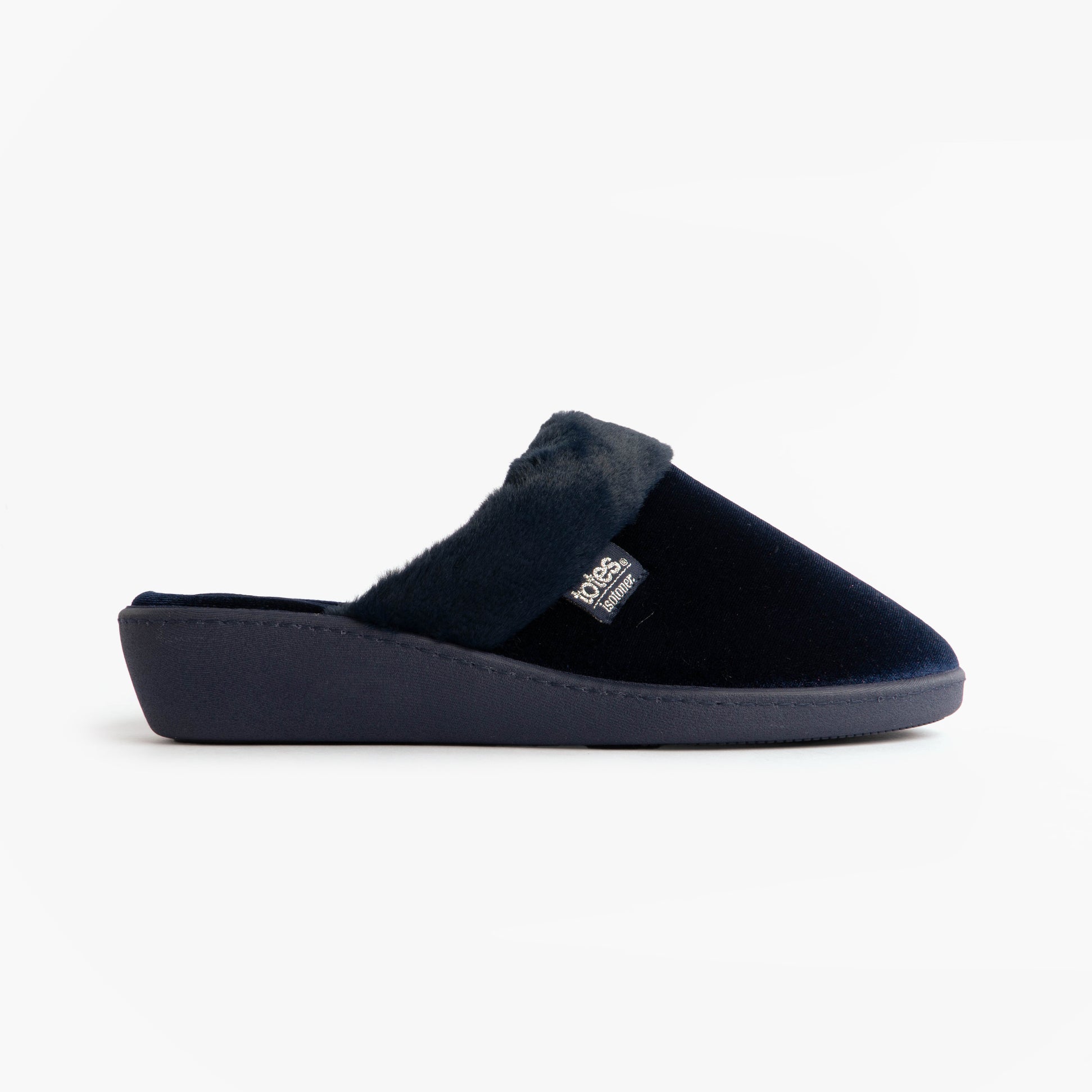 Totes Isotoner SPARKLE VELOUR HEELED MULE Womens Mule Slippers Navy side view with soft velour material and faux fur lining.