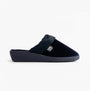 Totes Isotoner SPARKLE VELOUR HEELED MULE Womens Mule Slippers Navy side view with soft velour material and faux fur lining.
