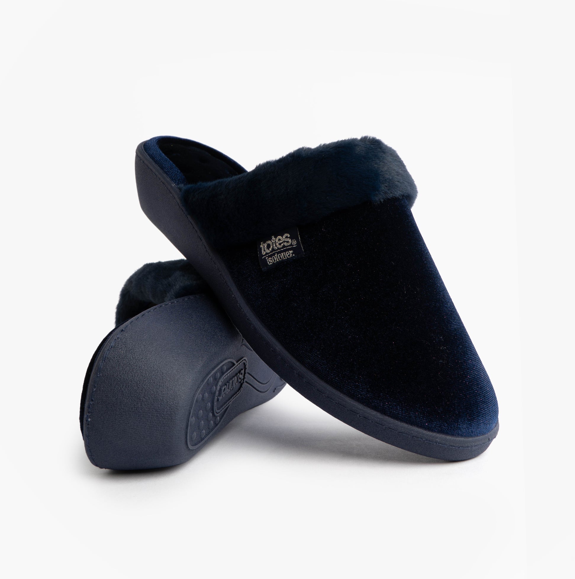 Totes Isotoner SPARKLE VELOUR HEELED MULE Womens Mule Slippers Navy side view showcasing plush upper and cushioned sole
