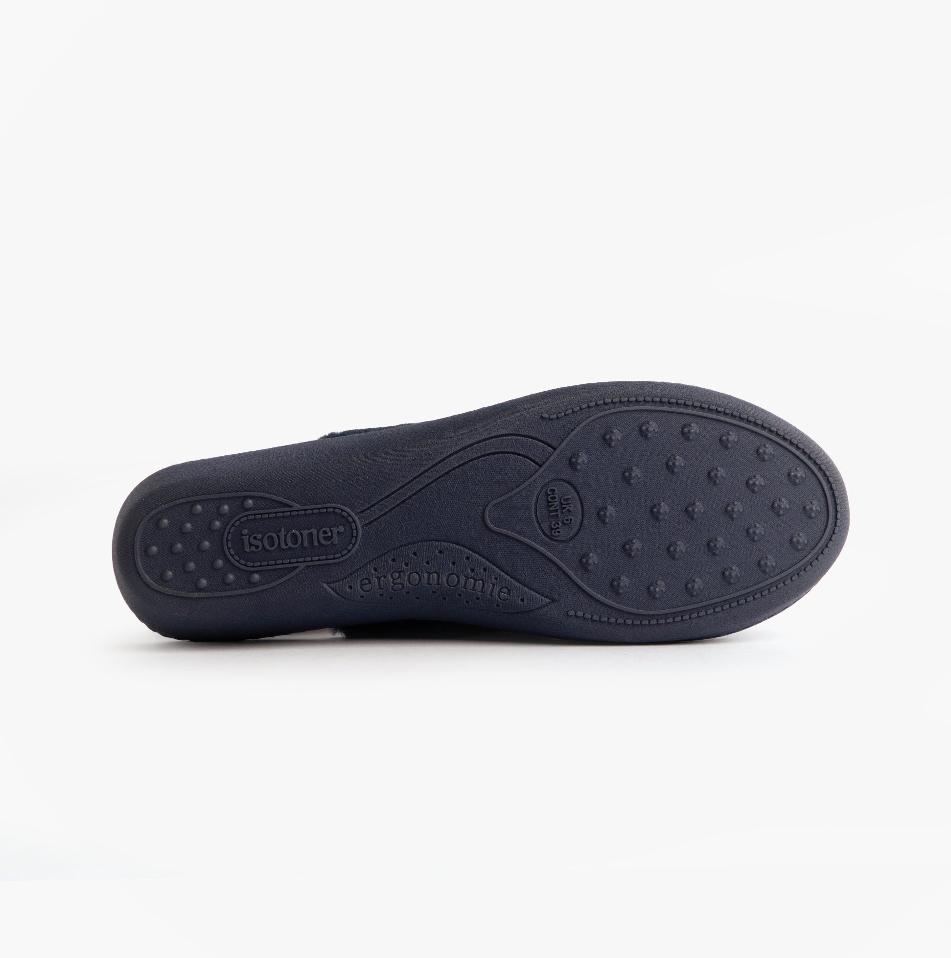 Totes Isotoner SPARKLE VELOUR HEELED MULE Womens Mule Slippers Navy bottom view showing TPR sole with textured grip.