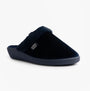 Totes Isotoner SPARKLE VELOUR HEELED MULE Womens Mule Slippers Navy side view showing soft velour upper and low heel.