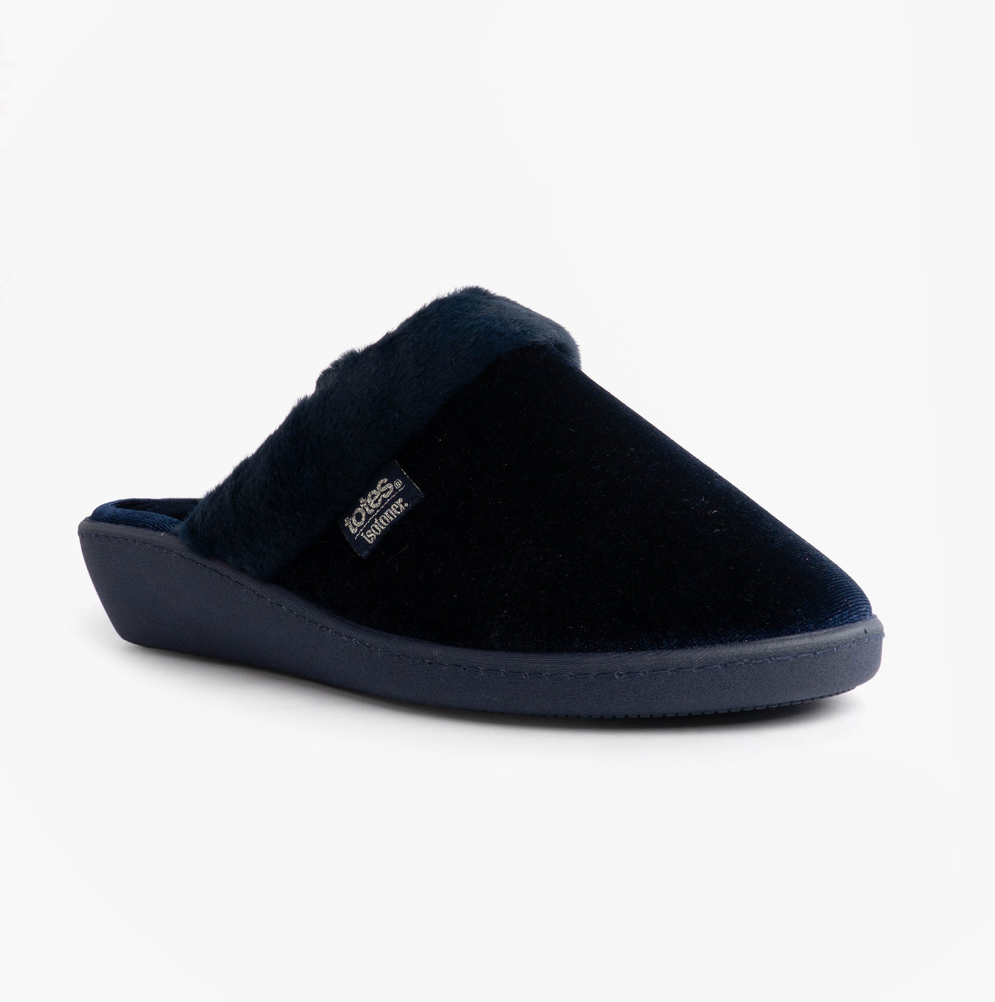 Totes Isotoner SPARKLE VELOUR HEELED MULE Womens Mule Slippers Navy side view showing soft velour upper and low heel.