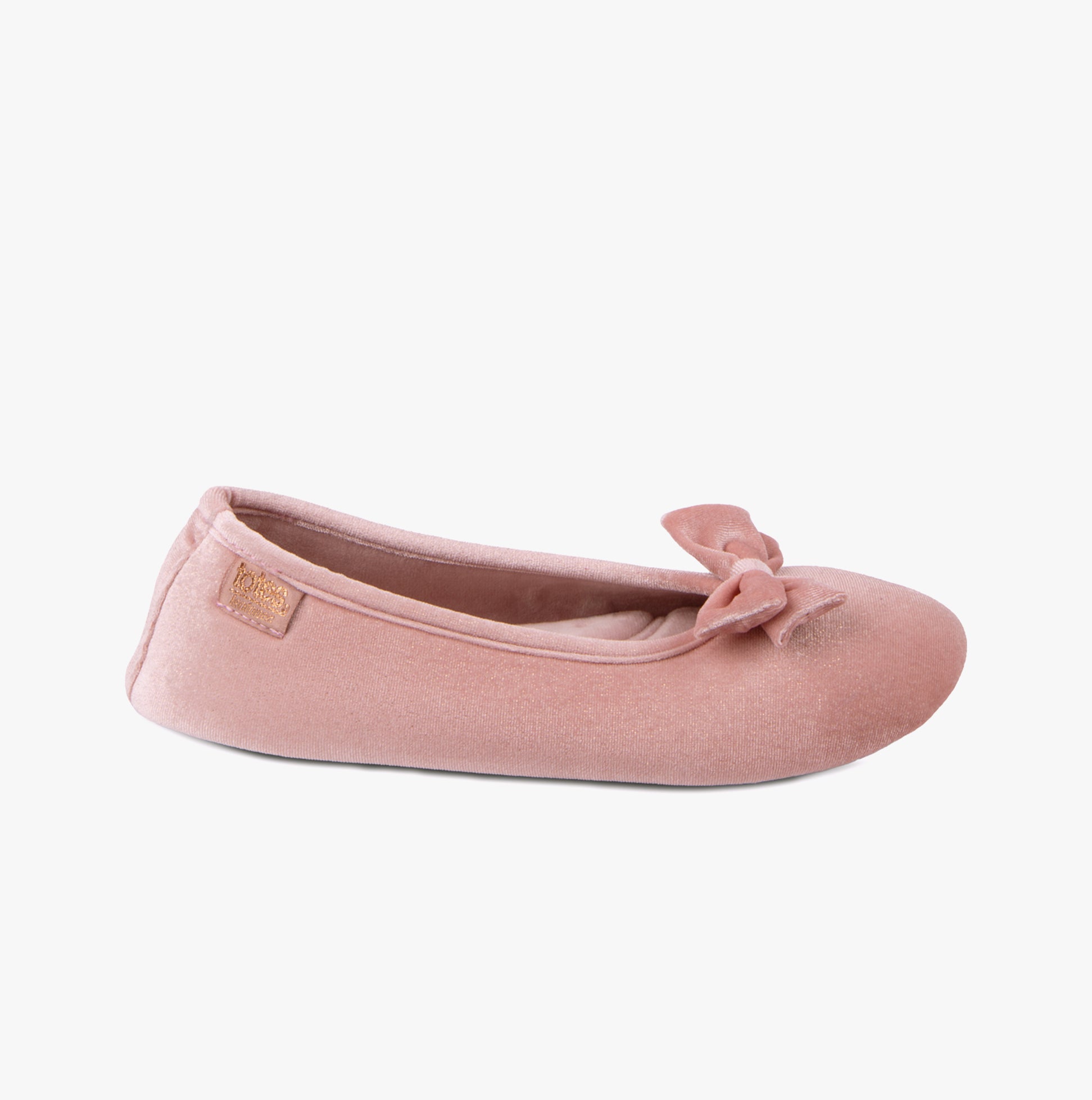 Totes Isotoner SPARKLE VELOUR BALLET Womens Ballet Slippers Pink side view showing soft fabric and bow detail.