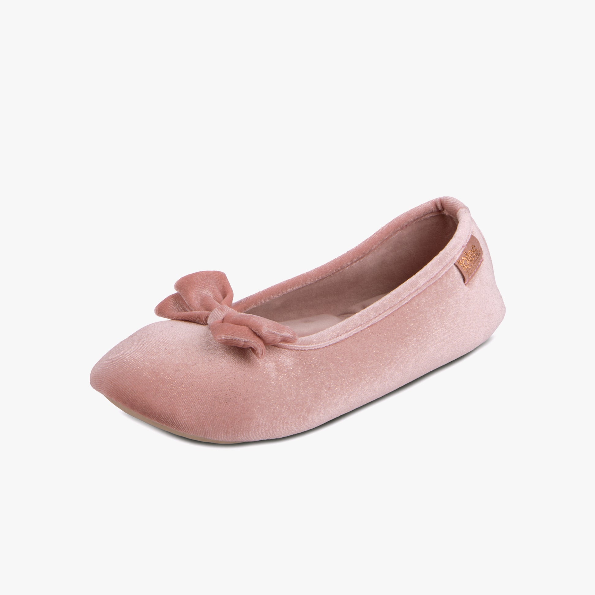 Totes Isotoner SPARKLE VELOUR BALLET Womens Ballet Slippers Pink side view featuring soft velvet material and bow detail.