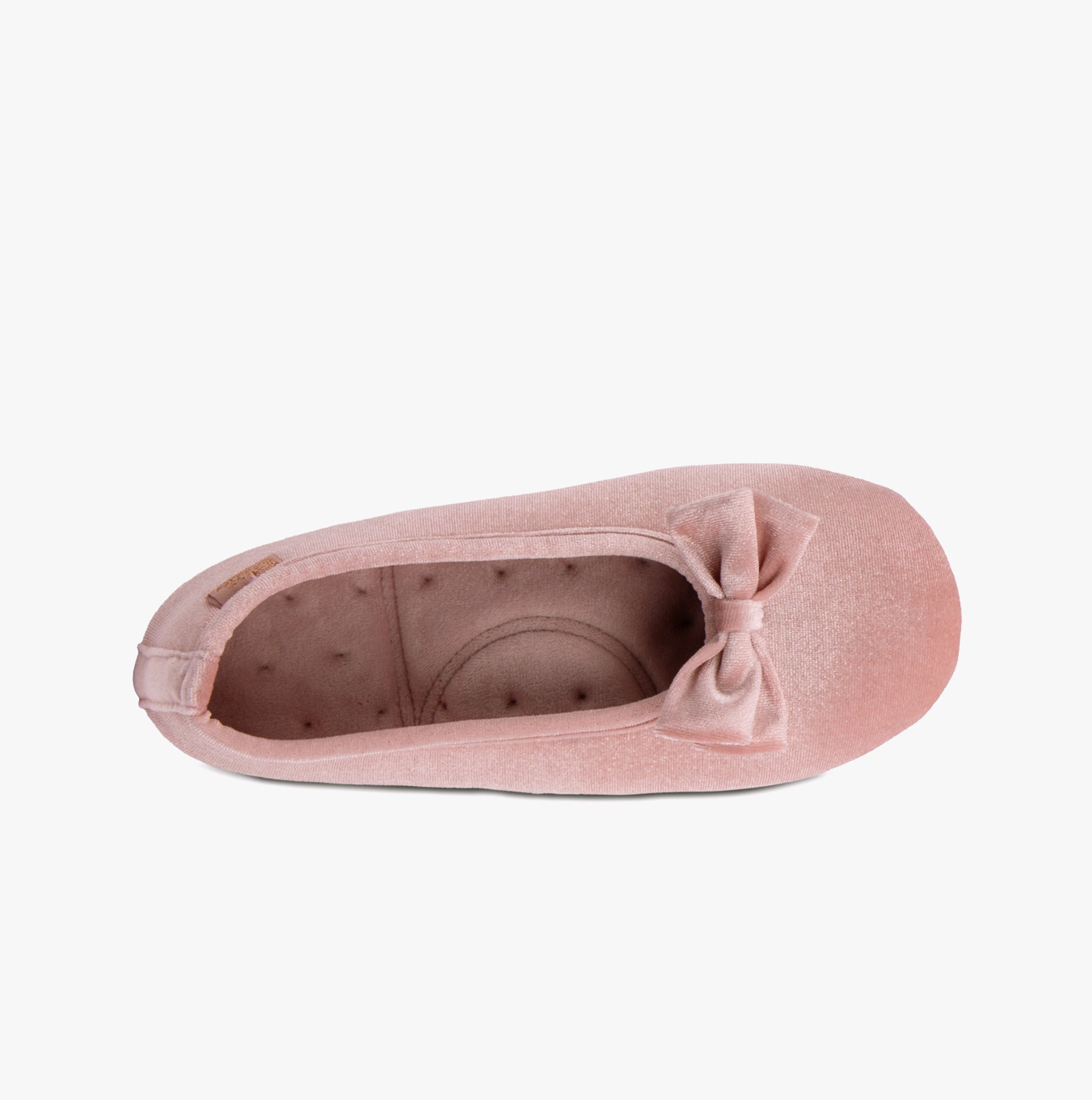 Totes Isotoner SPARKLE VELOUR BALLET Womens Ballet Slippers Pink top view showcasing soft pink velour and bow detail.
