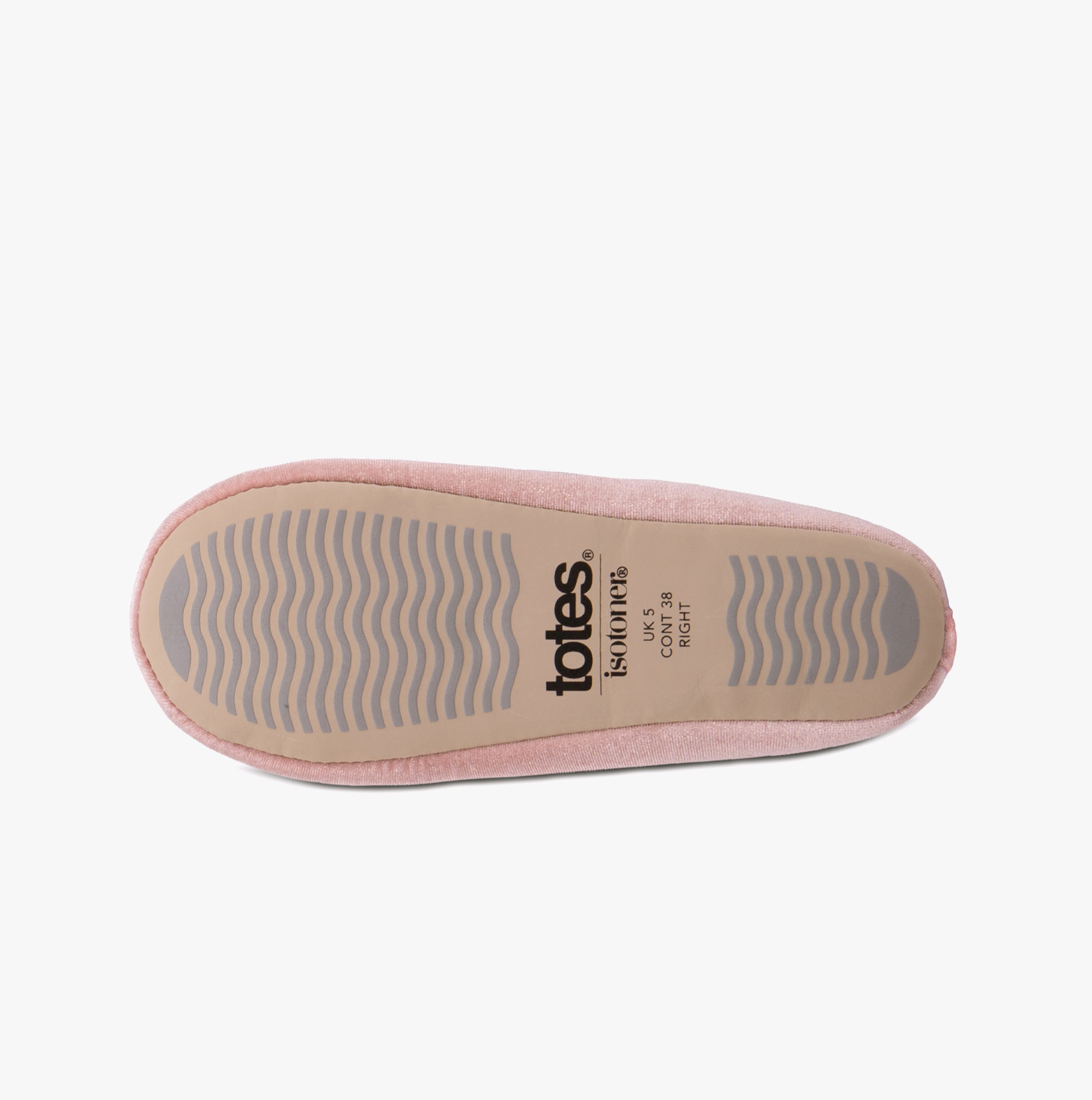 Totes Isotoner SPARKLE VELOUR BALLET Womens Ballet Slippers Pink bottom view showing TPR sole design and logo.