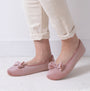 Totes Isotoner SPARKLE VELOUR BALLET Womens Ballet Slippers Pink side view worn with light pants