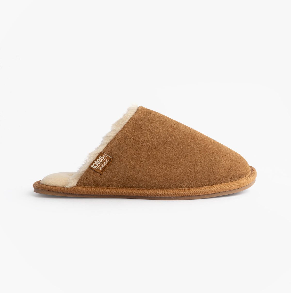 Totes Isotoner REAL SUEDE MULE Womens Slippers Tan side view featuring soft suede upper and warm lining.