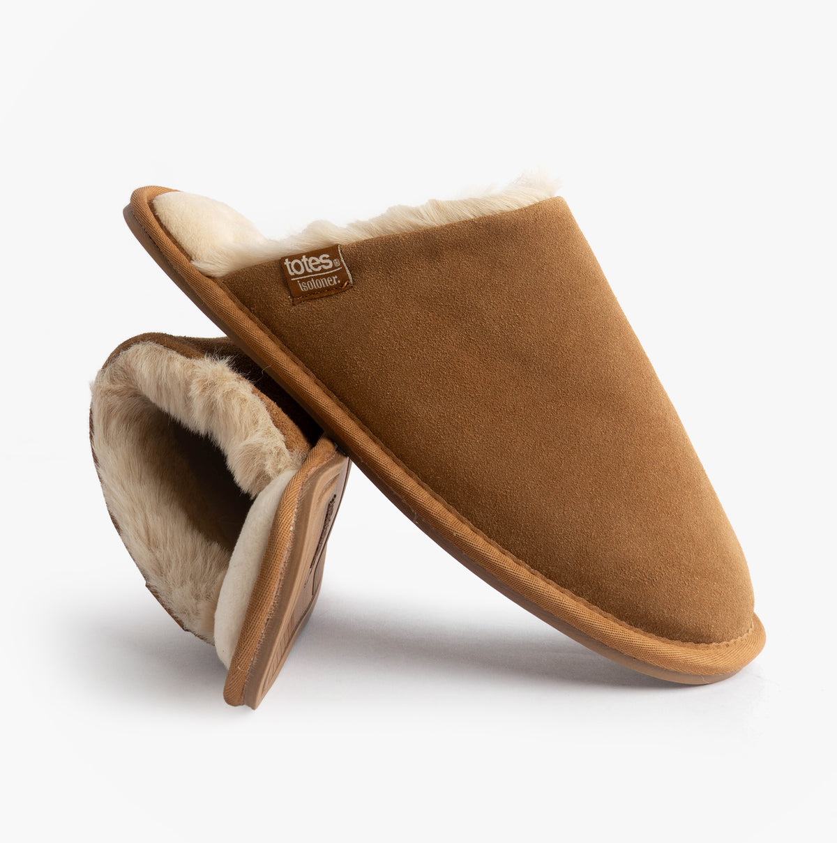 Totes Isotoner REAL SUEDE MULE Womens Slippers Tan side view and detail view showcasing warm lining and slip-on design.