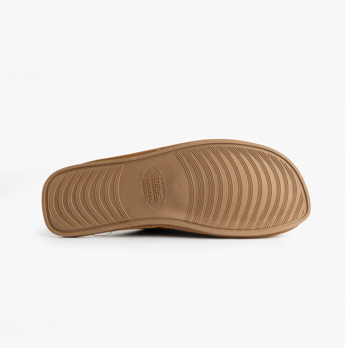 Totes Isotoner REAL SUEDE MULE Womens Slippers Tan bottom view of sole showing grip and texture.