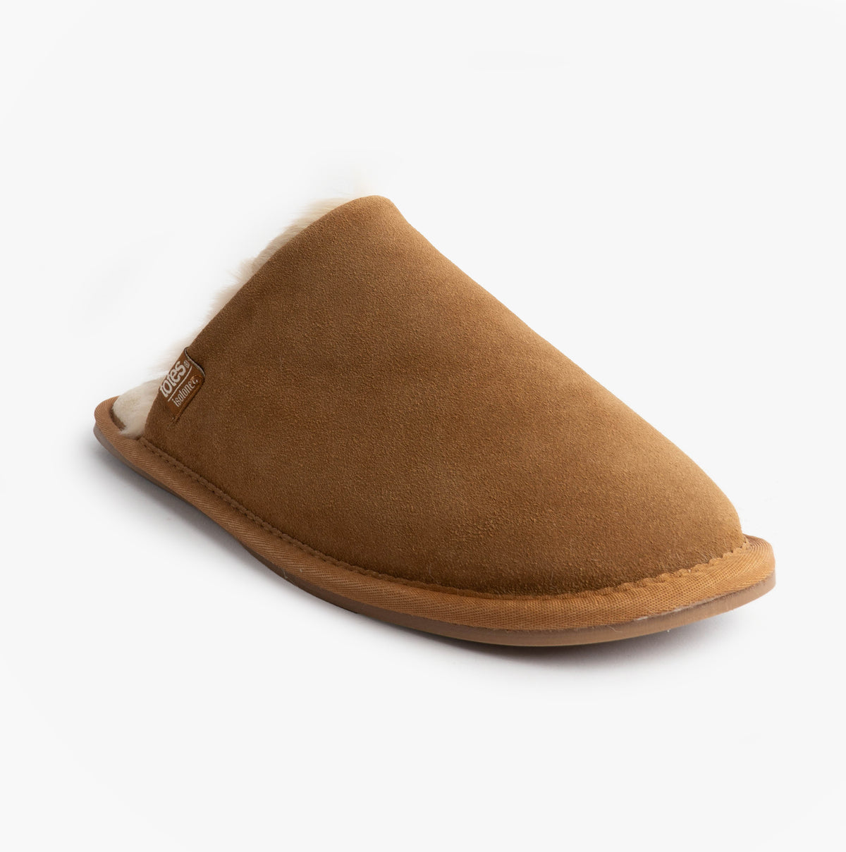 Totes Isotoner REAL SUEDE MULE Womens Slippers Tan side view showing suede upper and slip-on design.
