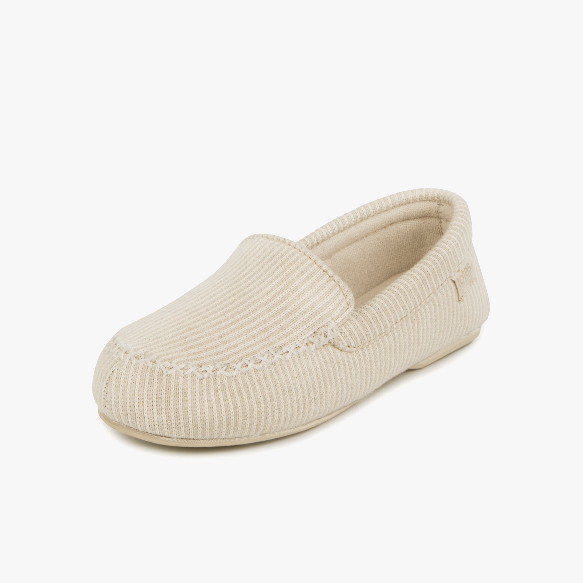 Totes Isotoner TEXTURED Womens Moccasin Slippers Beige side view showing the ribbed texture and slip-on design.