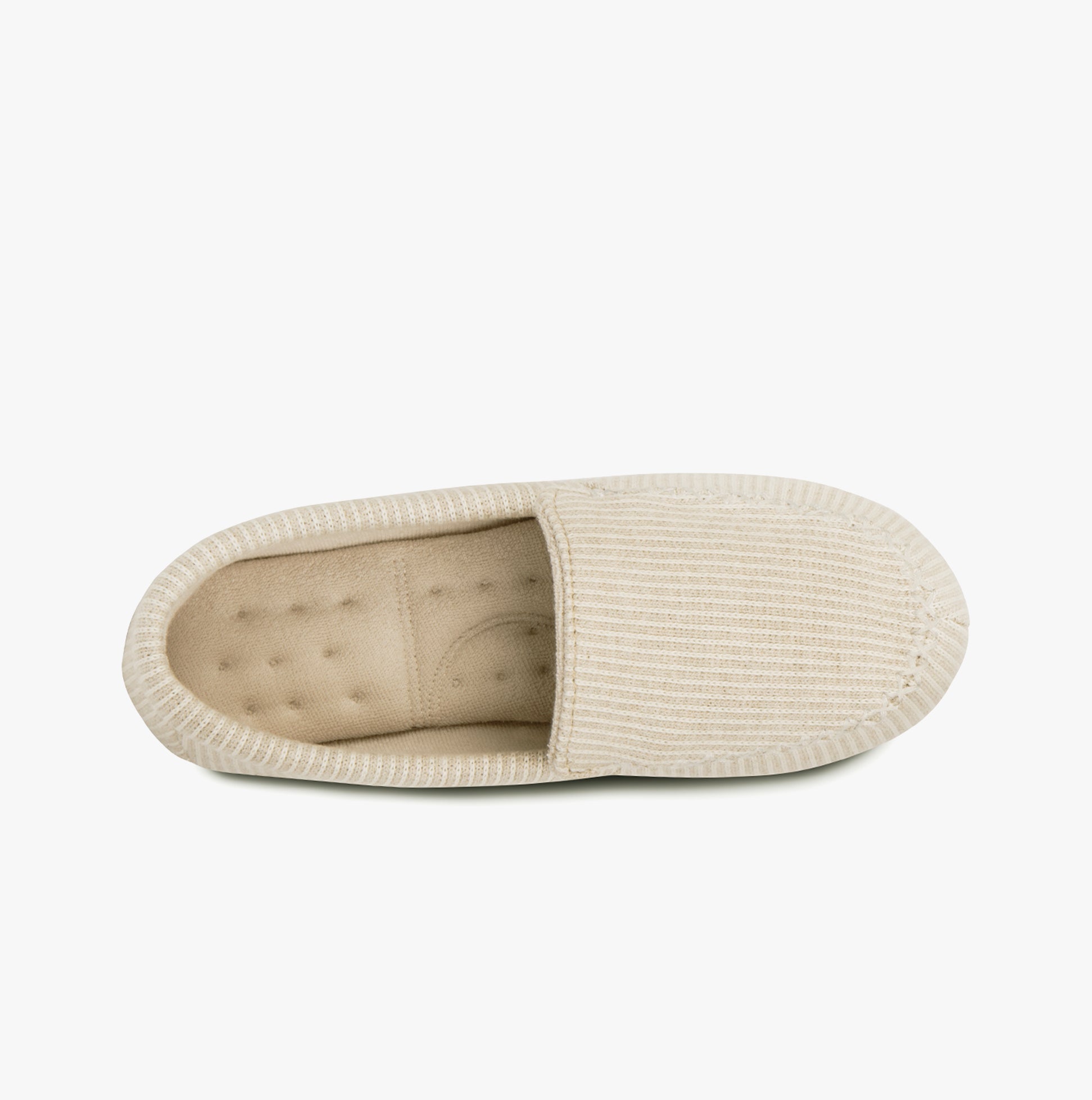 Totes Isotoner TEXTURED Womens Moccasin Slippers Beige top view with cotton upper and slip-on style.