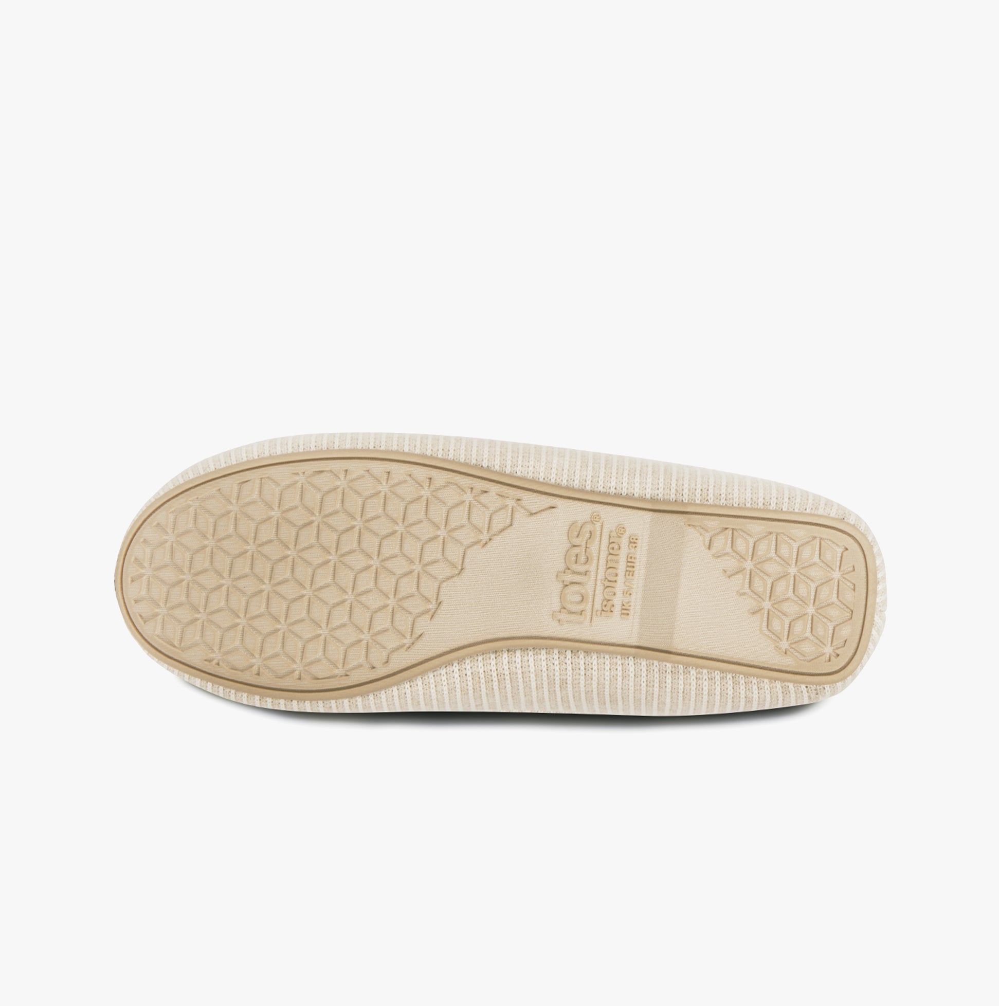 Totes Isotoner TEXTURED Womens Moccasin Slippers Beige sole view with textured grip pattern.
