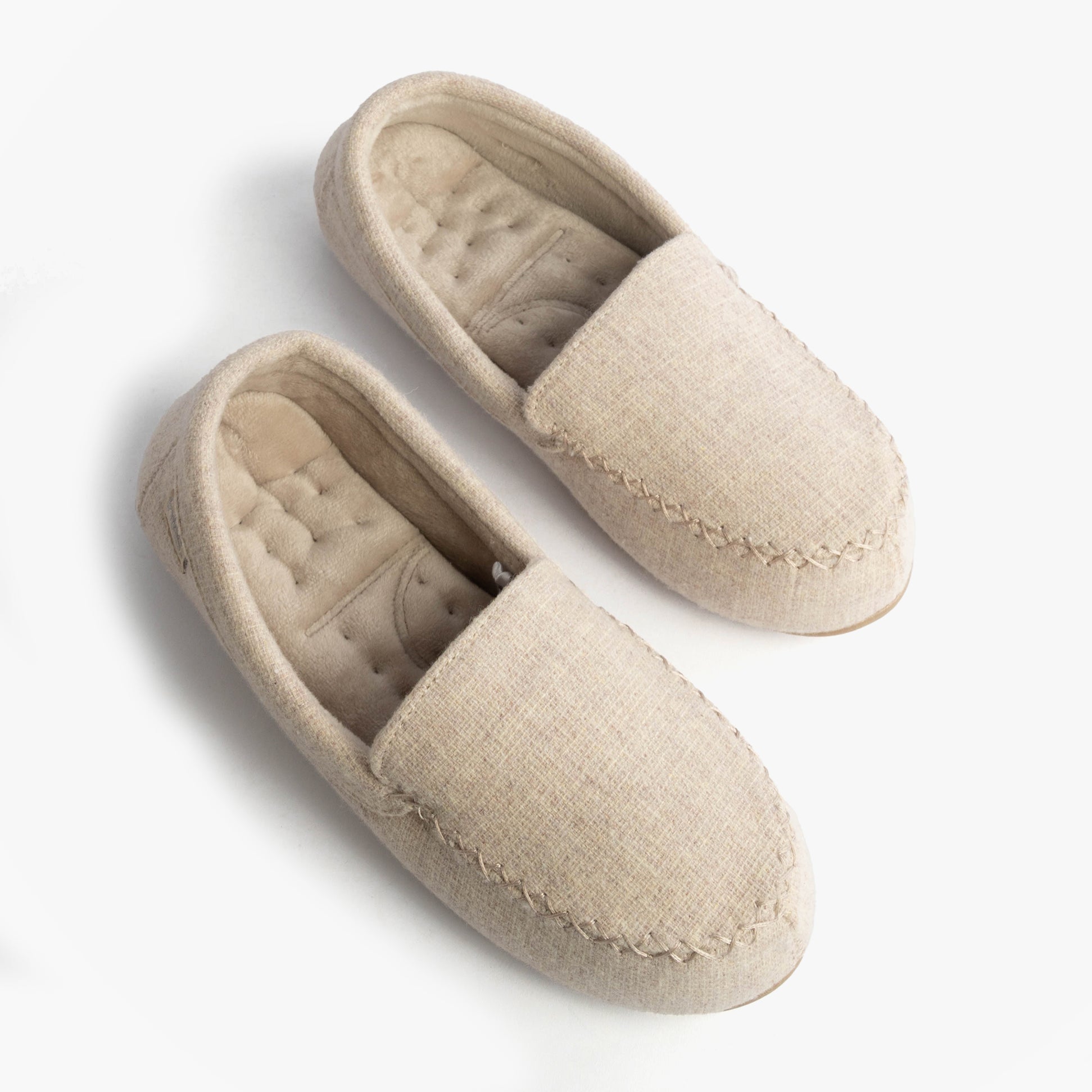 Totes Isotoner TEXTURED Womens Moccasin Slippers Light Brown, top view showcasing soft cotton upper and comfort design.