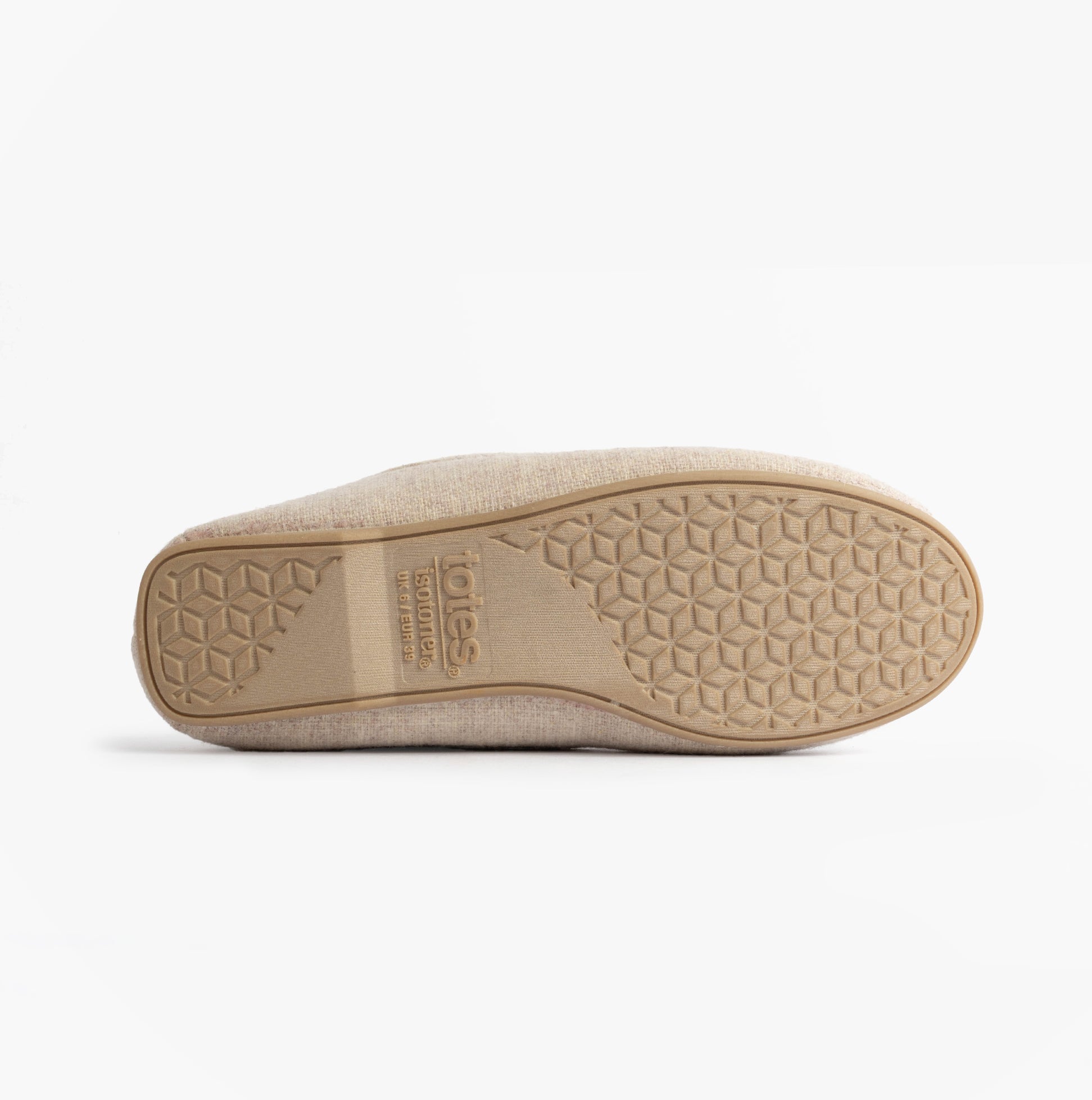 Totes Isotoner TEXTURED Womens Moccasin Slippers Light Brown bottom view showing sole and grip pattern